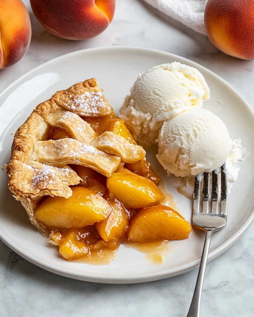 A white rectangular baking dish holds a peach pie with a golden lattice crust made of thick, shiny pastry strips crossing over each other. The filling is bright orange peach slices in syrup, visible through the lattice. Two white scoops of vanilla ice cream sit on top of the pie near the bottom center, starting to melt and mix with the juicy filling. A metal spoon rests in the dish near the top right, partially submerged in the peach syrup. The dish is set on a white marbled surface, next to half a fresh peach with a red and yellow skin. Photo taken with an iphone --ar 4:5 --v 6.1