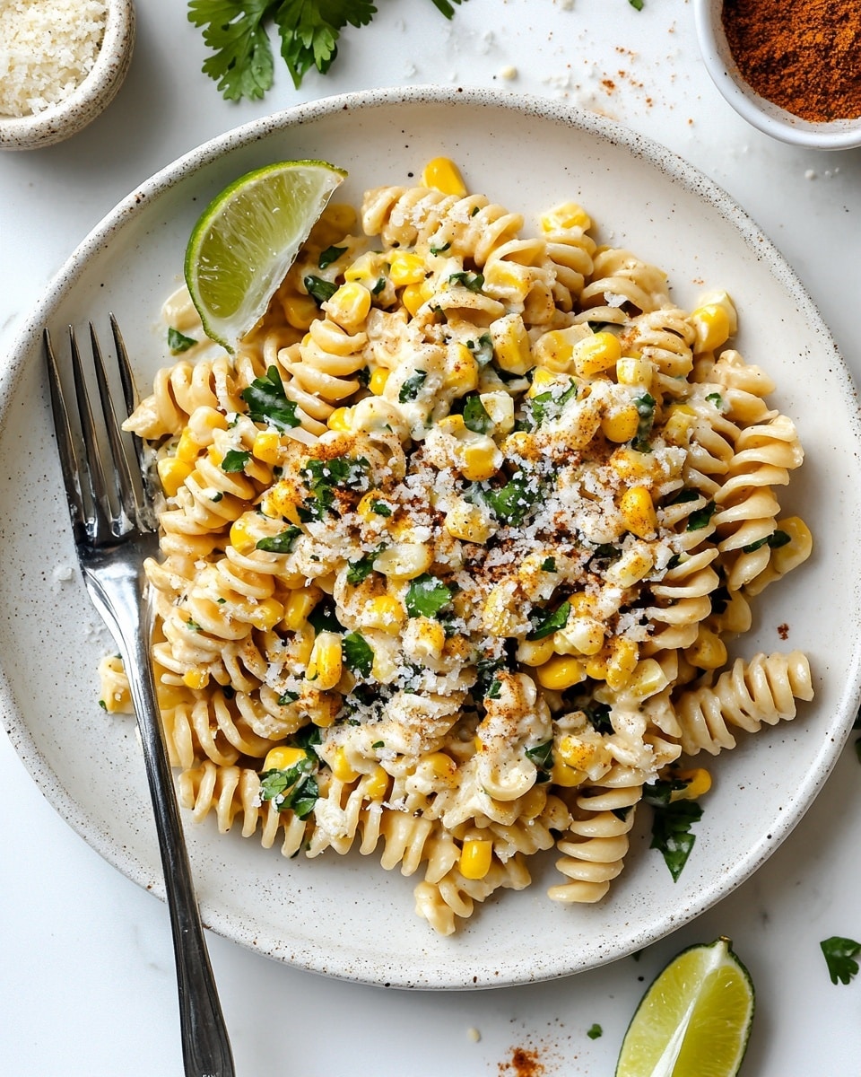 A white bowl filled with three layers of food: the bottom layer is short spiral pasta in light cream color, the middle layer consists of golden grilled corn with some pieces charred black, and the top layer contains small white cheese crumbles, fresh bright green basil leaves, and slices of light green avocado. The dish is sprinkled lightly with a reddish spice. The bowl sits on a white marbled surface with a wedge of lime and basil leaves around it. photo taken with an iphone --ar 4:5 --v 6.1