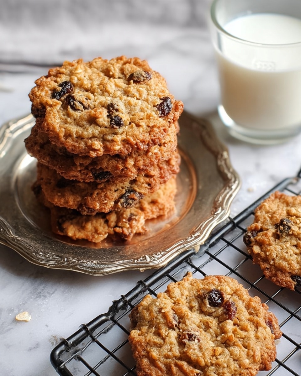 A silver tray holds a stack of golden brown oatmeal cookies with visible raisins, four cookies stacked flat at the bottom and three leaning on top, showing their rough textured edges and chewy centers. In the background, pink flowers with green stems rest on a white marbled surface. Photo taken with an iphone --ar 4:5 --v 7