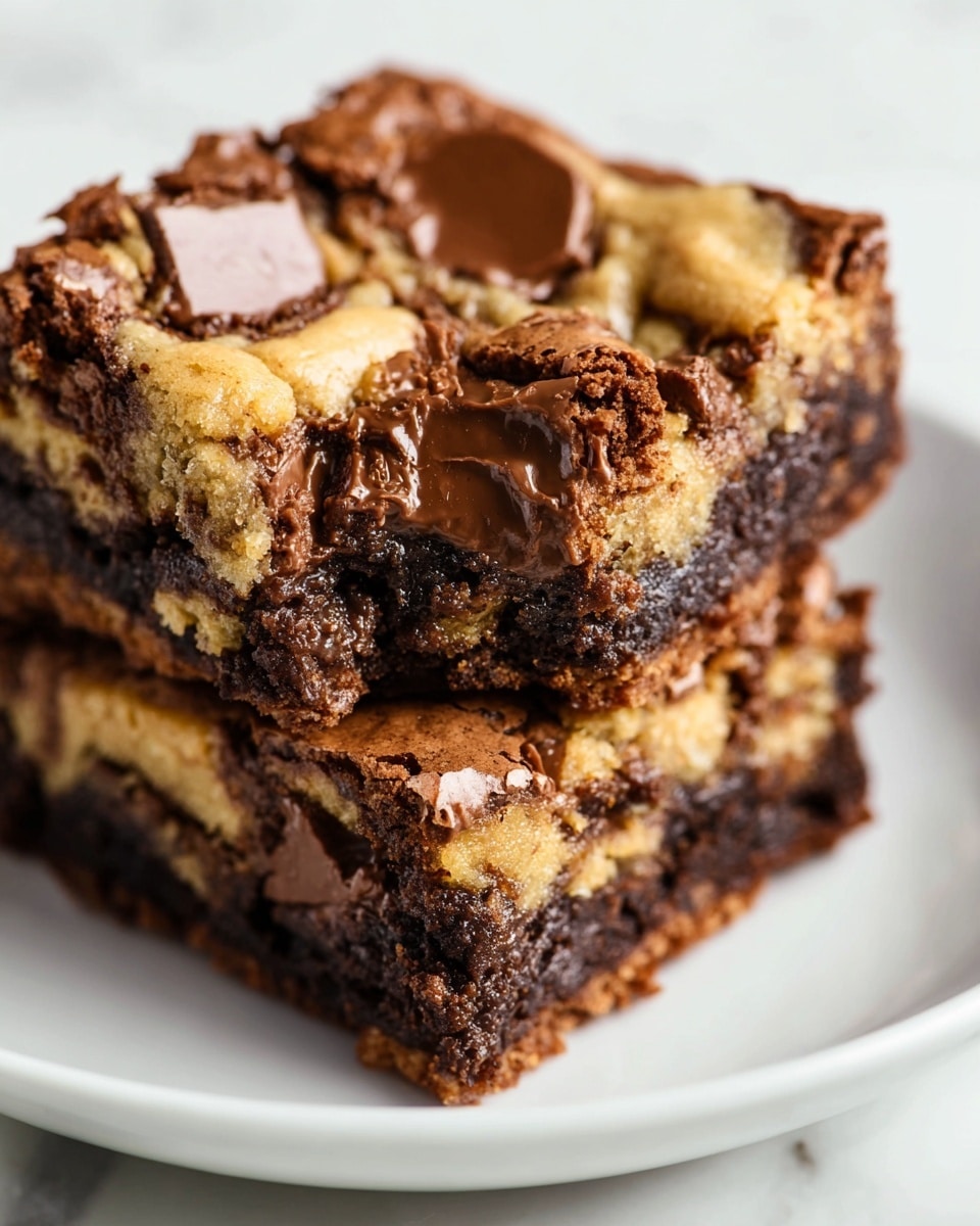 Three square pieces of dessert with a marbled pattern are placed on a white plate with a white marbled texture surface. Each piece shows two main layers: a dark brown, dense chocolate base and an uneven golden-brown cookie dough top, mixed together in swirls. Scattered chocolate chunks slightly melted are visible on the top layer, adding a glossy texture. The plate rests on a white marbled texture background. photo taken with an iphone --ar 4:5 --v 7