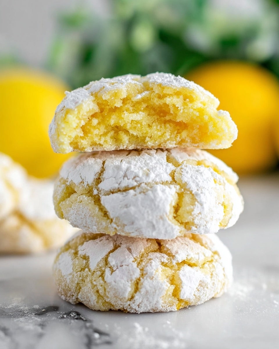 The image shows a stack of three round cookies on a white marbled surface. The bottom two cookies have a cracked white powdered sugar coating with a soft, yellow interior visible through the cracks. The top cookie is broken in half and placed on top of the stack, revealing a moist, crumbly, bright yellow inside. The background is blurred with green and yellow shapes suggesting plants and lemons. Photo taken with an iphone --ar 4:5 --v 7