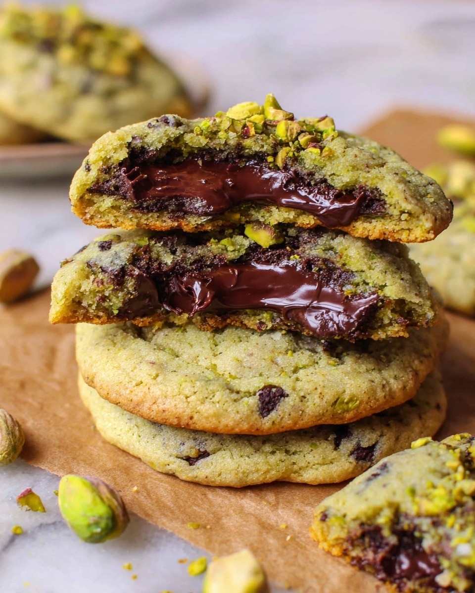 The image shows a close-up of three soft cookies stacked on top of each other on parchment paper, with parts of other cookies around them. The cookies have a greenish color with dark, melted chocolate chunks inside, visible in the broken top cookie, which reveals two layers of gooey dark chocolate filling. Crushed pistachios are scattered on top and some whole pistachios are placed next to the cookies on the parchment paper. The surface under everything has a white marbled texture. Photo taken with an iphone --ar 4:5 --v 7