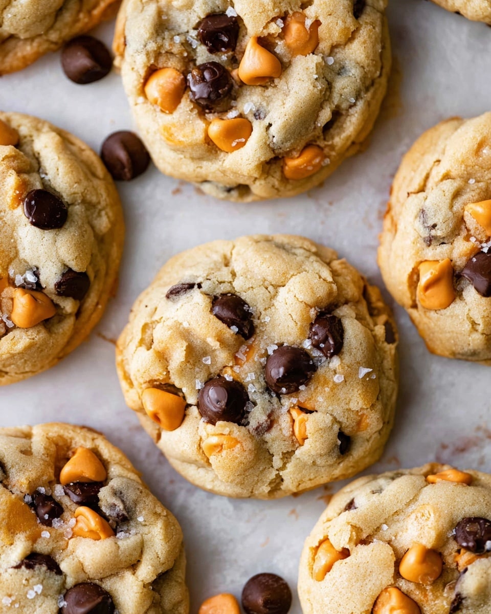 A stack of soft cookies is shown in close-up on a white marbled surface. There are three cookies in the stack; the bottom two are whole, golden brown with smooth but slightly uneven tops dotted with light brown butterscotch chips and darker chocolate chips. The top cookie is broken into two pieces placed on top of each other, revealing a soft, doughy inside filled with melted dark chocolate and butterscotch chips that peek through. The cookies have a slightly chewy texture with visible crumbs and melted chips. Photo taken with an iphone --ar 4:5 --v 7
