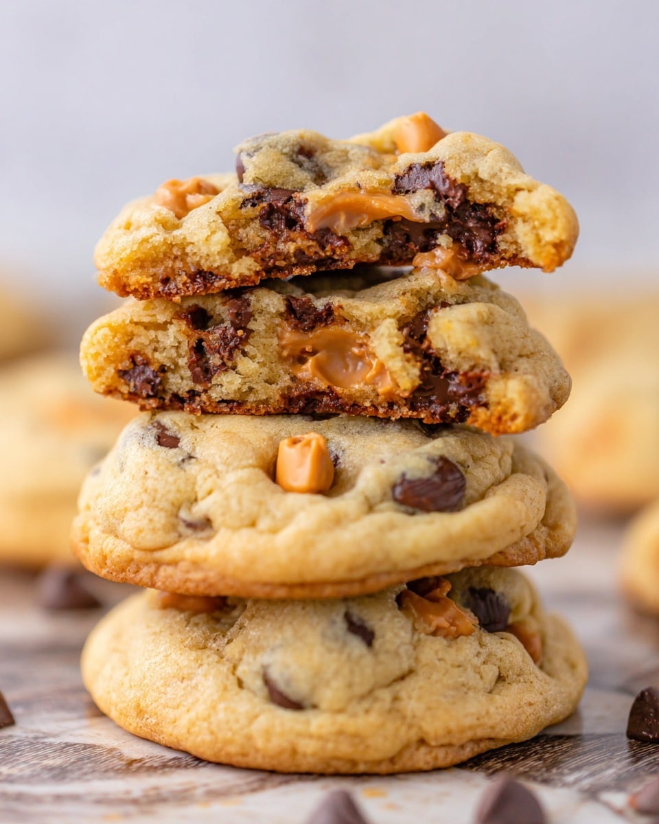 The image shows a close-up of several soft cookies arranged closely on a white marbled surface. Each cookie has a golden-brown base with a slightly uneven texture, dotted with two types of small chips: dark brown chocolate and light orange butterscotch or caramel. One cookie near the top has a pecan placed on it, adding a rough, textured nut layer on top of the smooth chips. The cookies vary slightly in shape but all have a roughly round form, with the chips embedded visibly on the top surface, giving a multi-colored look. photo taken with an iphone --ar 4:5 --v 7