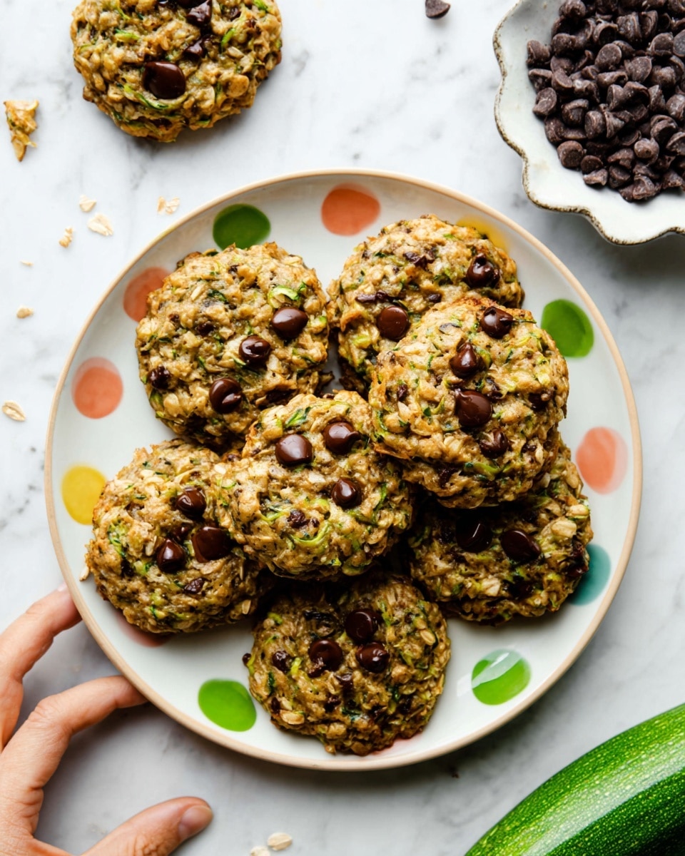 A white plate with colorful polka dots holds seven round cookies that are golden brown with a rough, chunky texture showing bits of oats and green flecks of zucchini throughout. Each cookie is studded with dark brown chocolate chips unevenly spread on the slightly bumpy surface. The plate sits on a white marbled surface with some cookie crumbs scattered around. In the top right, a white scalloped bowl contains more dark chocolate chips, and half of a fresh green zucchini appears nearby. A woman's hand reaches towards the cookies from the left side of the frame. photo taken with an iphone --ar 4:5 --v 7