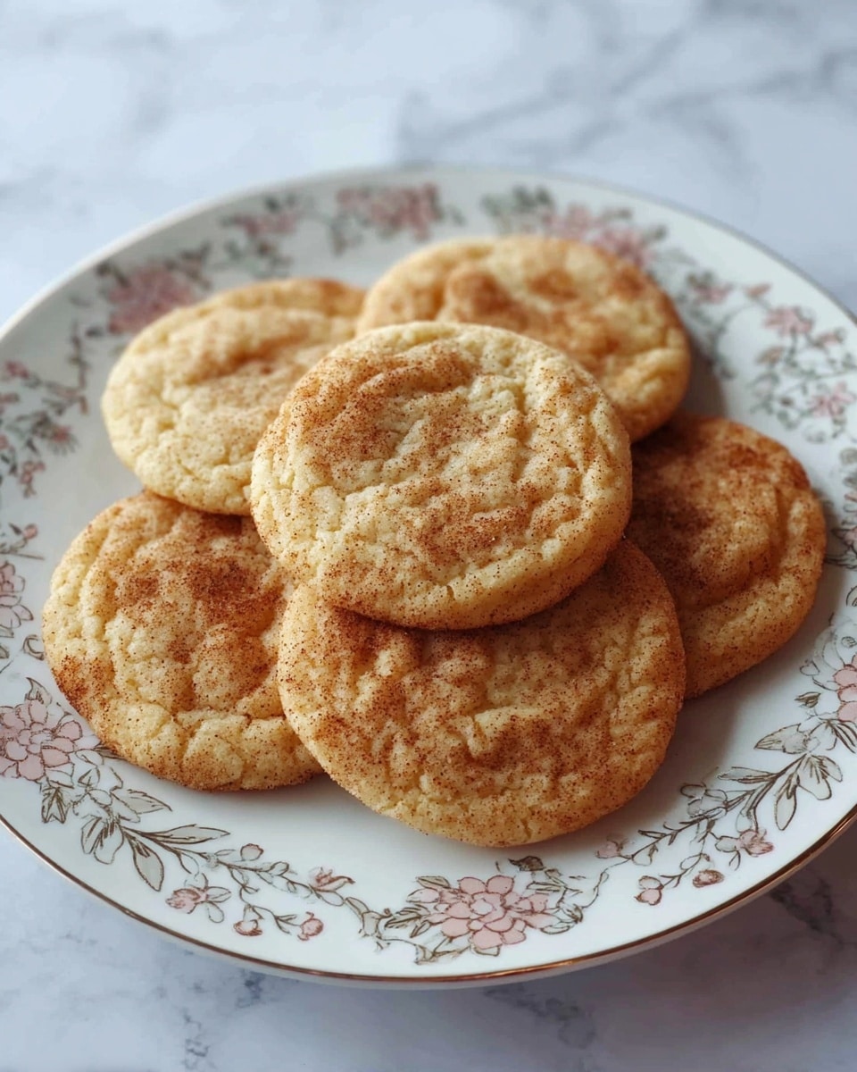 A white decorative plate with floral patterns holds six round, soft cookies stacked slightly overlapping each other. Each cookie has a light golden-brown color with a textured surface dusted with cinnamon, showing slight cracks and an inviting softness. The plate rests on a white marbled surface. photo taken with an iphone --ar 4:5 --v 7