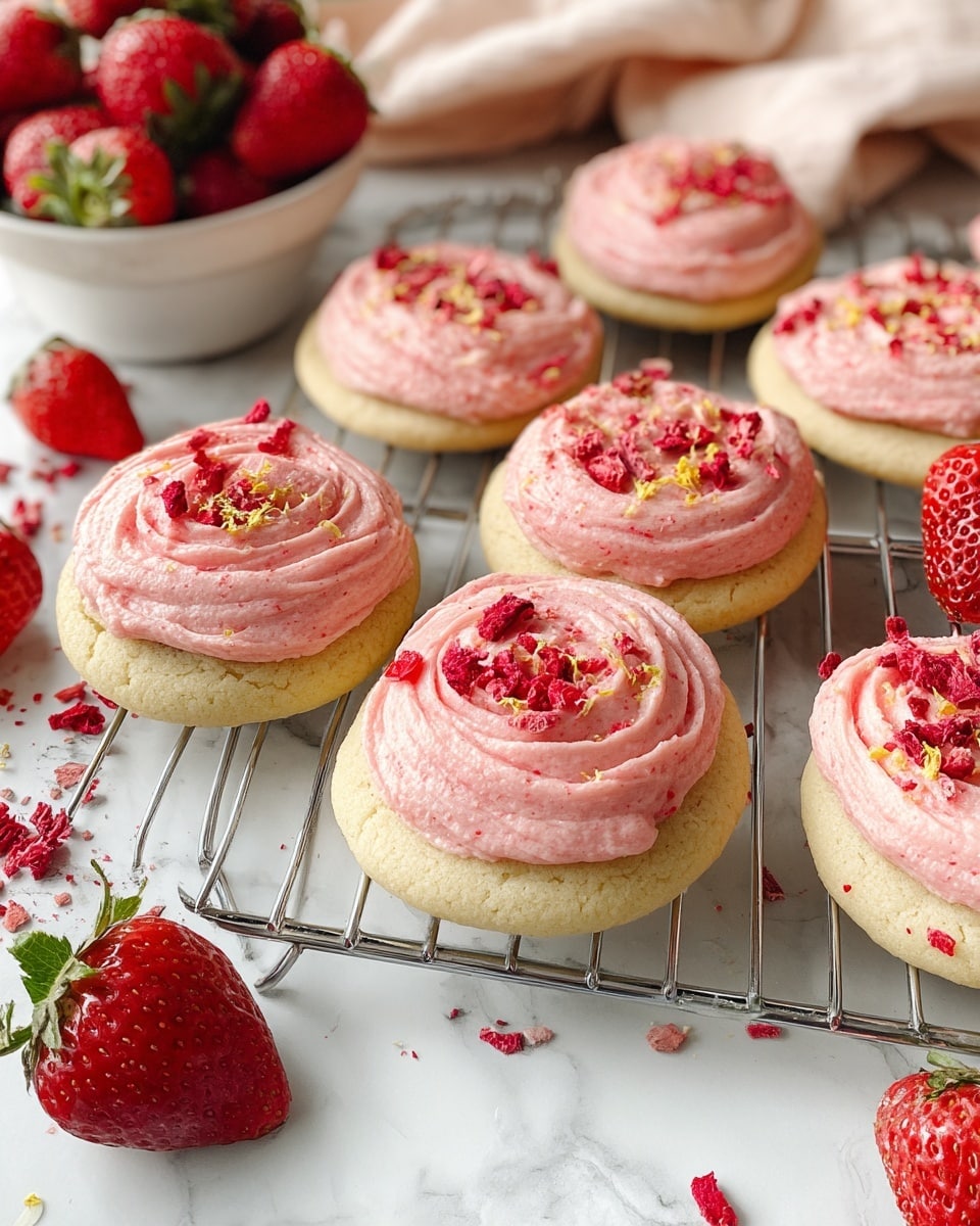 The image shows round cookies with two layers: a light beige base and a thick top layer of pale pink frosting, swirled smoothly with small red and yellow crumbs sprinkled over it. The cookies are placed on a metal cooling rack, with fresh whole strawberries and bright yellow lemon halves among them. On the left, a white bowl contains dried red strawberry slices, and dried slices are also scattered nearby on a white marbled surface, along with a beige towel. The overall setting is bright and fresh with a white marbled background. Photo taken with an iphone --ar 4:5 --v 7
