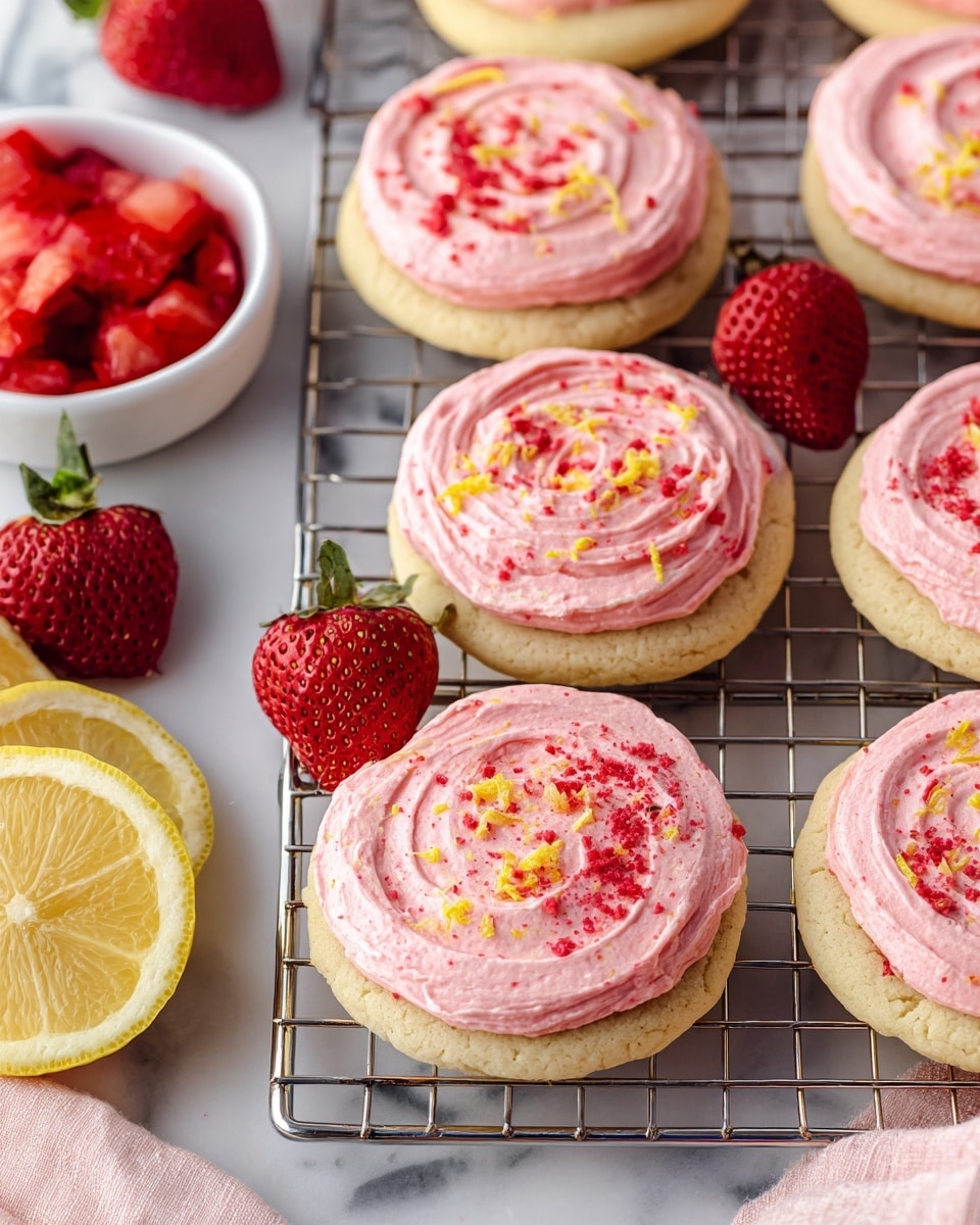 The image shows several soft round cookies on a metal cooling rack, each topped with a thick layer of swirled pink frosting that has a smooth and creamy texture with small red specks inside. The frosting on each cookie is sprinkled with small pieces of bright red dried fruit and tiny bits of yellow zest, giving a fresh and colorful look. The cookies are light golden in color, soft, and slightly thick. Around the cooling rack, there are whole fresh strawberries with green leaves and dried strawberry pieces scattered on a white marbled surface. In one corner, part of a white bowl filled with dried strawberries and a pale beige cloth are visible. The scene is bright and clean with a fresh, sweet vibe. photo taken with an iphone --ar 4:5 --v 7