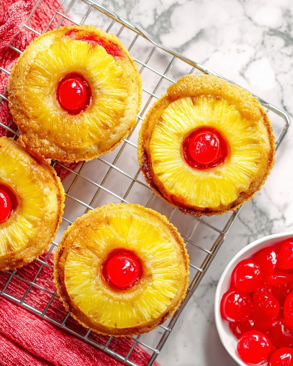 The image shows a close-up of a golden brown mini pineapple upside-down cake held by a woman's hand. The cake has three main layers: the bottom layer is a soft, golden sponge cake; the middle layer is a shiny, yellow pineapple ring with a smooth texture; the center of the pineapple ring holds a bright red cherry. In the background, there are more mini cakes on a wire rack, also topped with pineapple rings and cherries, all placed on a white marbled surface with a soft orange cloth nearby. The overall color palette includes golden yellow, bright red, and warm tones from the cake and cloth. Photo taken with an iphone --ar 4:5 --v 7