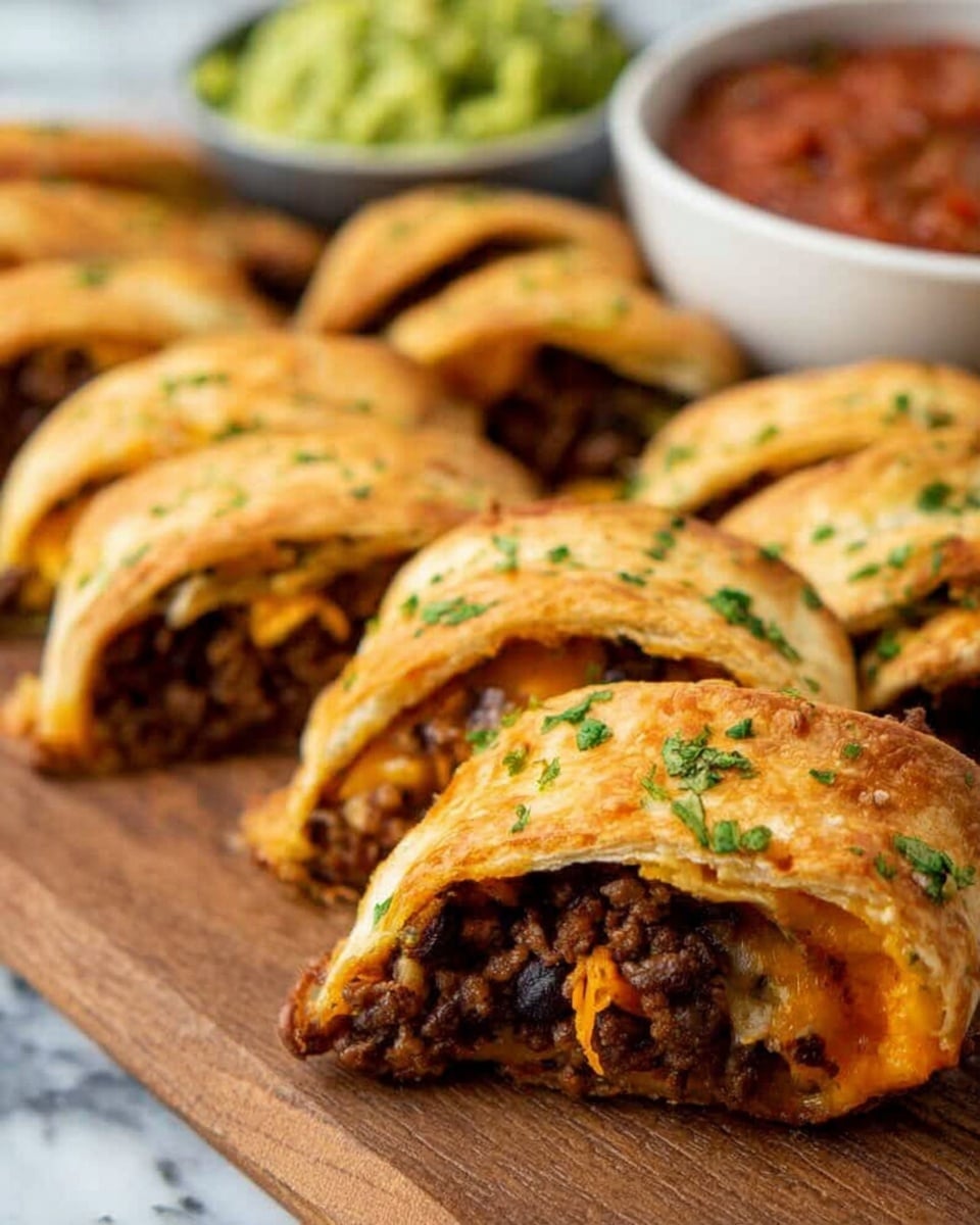 The image shows several rolled tortillas placed side by side on a wooden board, each filled with shredded dark brown meat and orange pieces, topped with small green herb bits scattered on the tortillas. In the background, there is a white bowl filled halfway with red salsa and green guacamole, both having a chunky texture. The scene is viewed from a close angle, focusing mainly on the rolled tortillas while the bowl is slightly out of focus. The overall setting includes a white marbled surface underneath. photo taken with an iphone --ar 4:5 --v 7