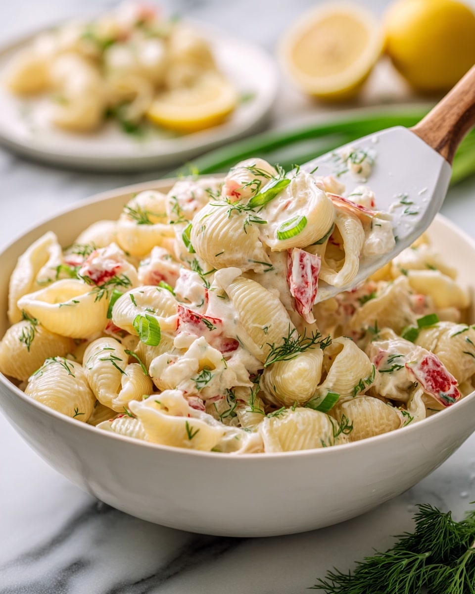 A close-up view of a white bowl with a black rim filled with pasta salad, showing one layer of large shell pasta in a light cream sauce, mixed with thin strips of imitation crab meat that are white with pink edges, and garnished with small green onion slices and fresh dill sprigs. The salad has a creamy texture with visible pieces of celery in pale green, and some small bits of red onion scattered around. The white marbled surface underneath adds a clean, bright background. Photo taken with an iphone --ar 4:5 --v 7