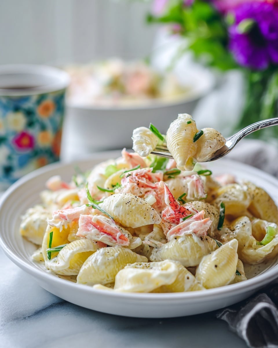 A white plate with three layers stacked holds creamy pasta shells mixed with thin slices of pink and white crab meat and bits of green onions. The pasta is coated in a white creamy sauce, and small green herb sprigs are scattered on top. A woman's hand gently holds a silver fork, lifting some of the pasta. The plate sits on a white marbled surface, with a blurred white bowl of similar pasta and a colorful flowered mug in the background. Photo taken with an iphone --ar 4:5 --v 7