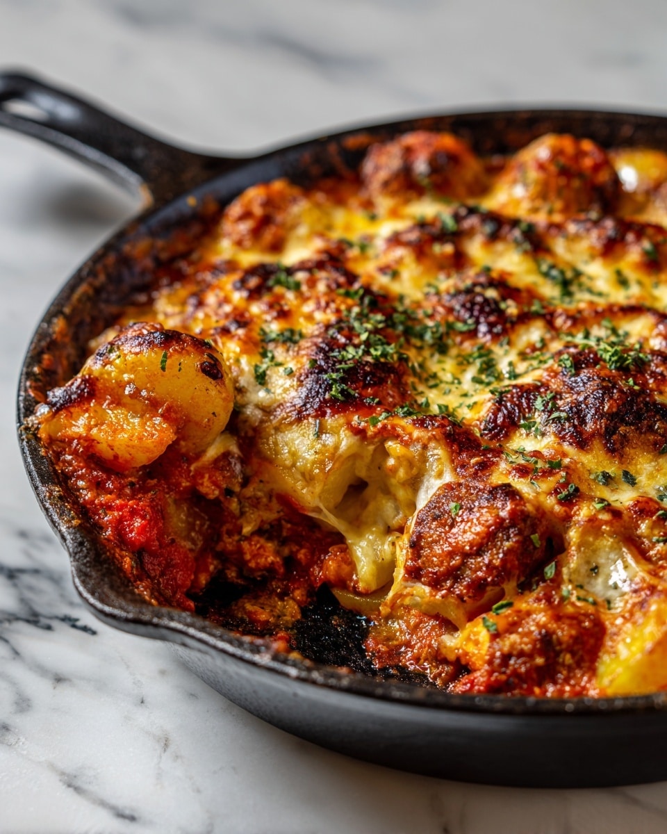The dish is a baked casserole with visible layers. The bottom layer is a rich red tomato sauce mixed with ground meat and herbs, followed by a layer of round pasta shells filled with a creamy mixture. On top of the pasta shells, there is a thick layer of melted golden cheese that is browned in spots, giving a crispy texture. The casserole is garnished with small green herb flakes, and a close-up shows a woman's hand lifting one pasta shell to reveal the savory filling underneath. The dish is served in a black cast iron pan on a white marbled surface. Photo taken with an iphone --ar 4:5 --v 7