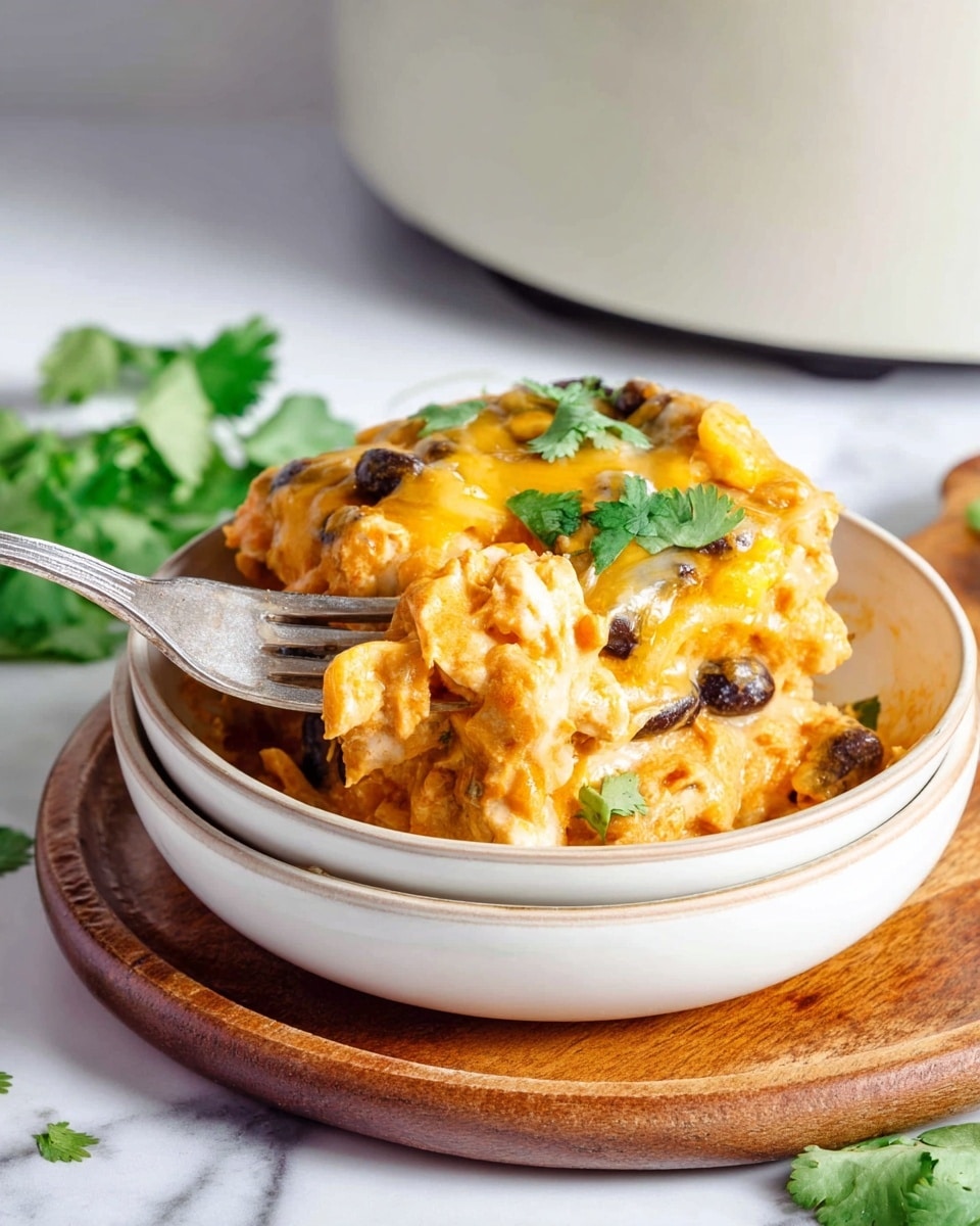 The dish is a layered cheesy bake served in a white bowl, placed on top of two other white bowls on a wooden round board. The layers include a creamy orange sauce mixed with black beans and chunks of soft, pale yellow pieces, likely savory filling. The top layer is melted golden cheese with a few green cilantro leaves scattered on it. A silver fork is poking into the dish from the left side, sinking into the soft layers. The background is a white marbled surface with some green cilantro leaves scattered nearby, and part of a white appliance visible in the back. photo taken with an iphone --ar 4:5 --v 7