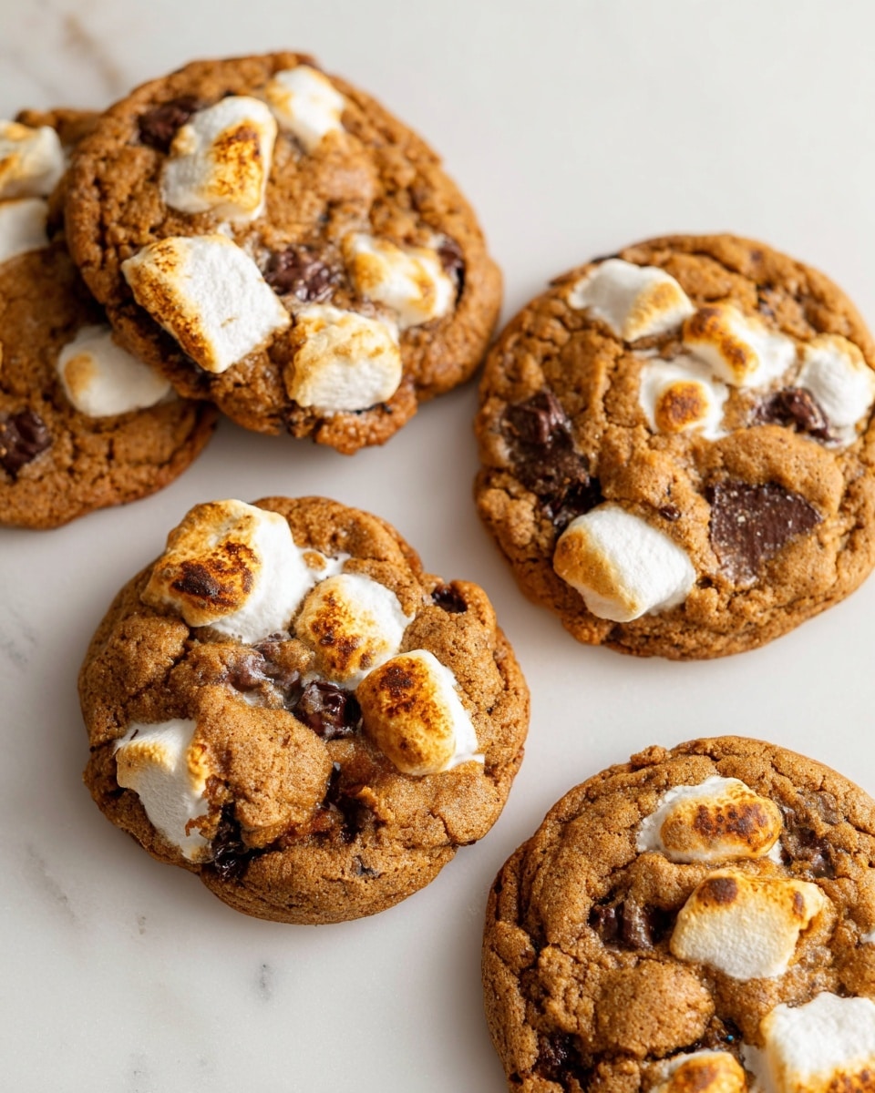 Five toasted cookies lie directly on a white marbled surface, each cookie showing a rough, slightly cracked golden-brown top layer. The cookies have visible soft white marshmallows embedded, some browned from toasting, and a few dark chocolate chips peeking through the surface. The texture of the cookies looks dense and chewy, with uneven shapes and slightly rounded edges. The arrangement is casual, with one cookie partially overlapping another. photo taken with an iphone --ar 4:5 --v 7
