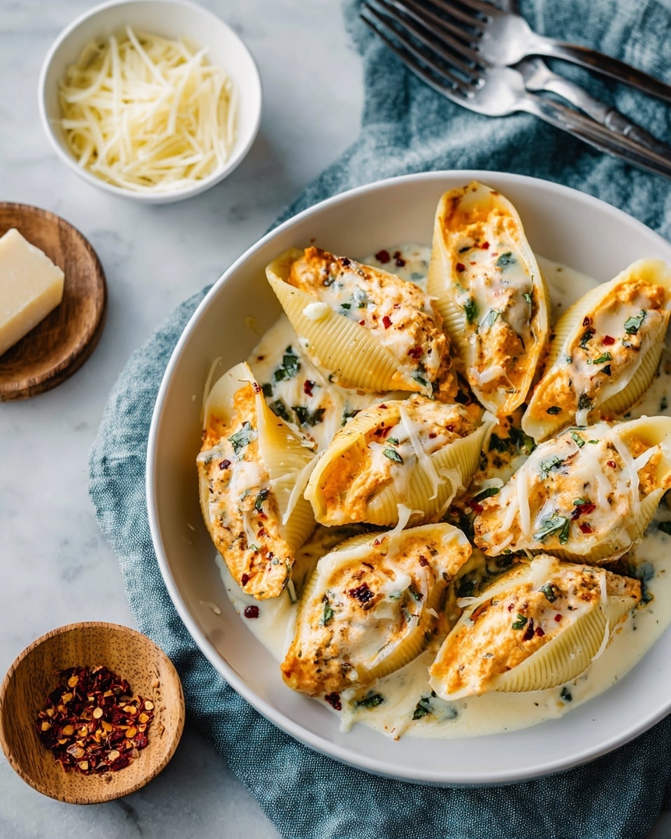 A white plate holds about ten large pasta shells filled with a bright orange and cream cheese mixture, each shell topped with melted white cheese and small green herb pieces scattered on top. The shells are placed on a thin layer of white sauce that pools slightly on the bottom of the plate. The pasta shells have a soft texture with some herbs and red chili flakes sprinkled across. In the background, a small white bowl contains shredded light cheese, and a wooden dish with red chili flakes sits beside the plate on a white marbled surface, next to a fork and knife resting on a blue-gray cloth. photo taken with an iphone --ar 4:5 --v 7