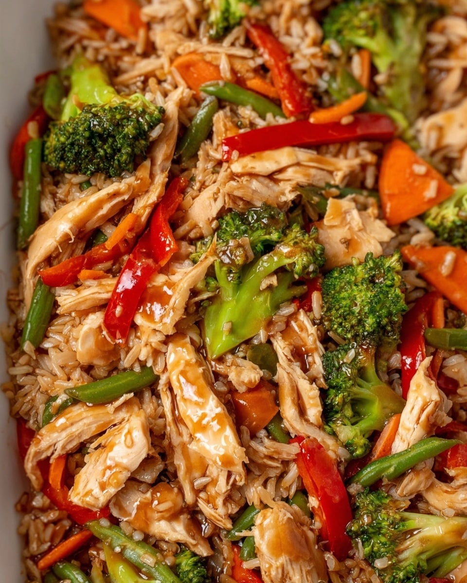 A close-up view showing a mix of shredded light tan chicken, bright green broccoli florets, thin orange carrot sticks, sliced red bell pepper, small green beans, and light brown rice all coated in a shiny brown sauce. The textures vary from the soft chicken to the crunchy vegetables, scattered evenly with no visible plate or bowl, placed on a white marbled background. photo taken with an iphone --ar 4:5 --v 7
