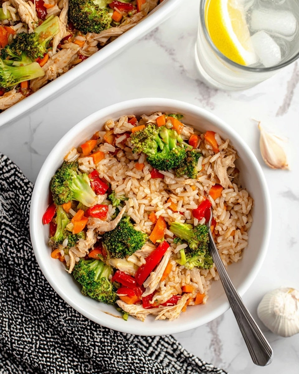 A white bowl filled with a colorful stir-fry showing three main layers: at the bottom a layer of cooked brown rice with a slightly soft texture; in the middle scattered bright green broccoli florets and orange carrot sticks adding a crunchy feel; and on top, shredded light brown chicken mixed with small red bell pepper pieces. A silver fork is placed inside the bowl, resting on the rice and vegetables. The bowl sits on a white marbled surface with a black and white zigzag cloth next to it, a whole white garlic bulb and cloves nearby, and in the background, a clear glass of ice water with a small yellow lemon slice on the rim. photo taken with an iphone --ar 4:5 --v 7