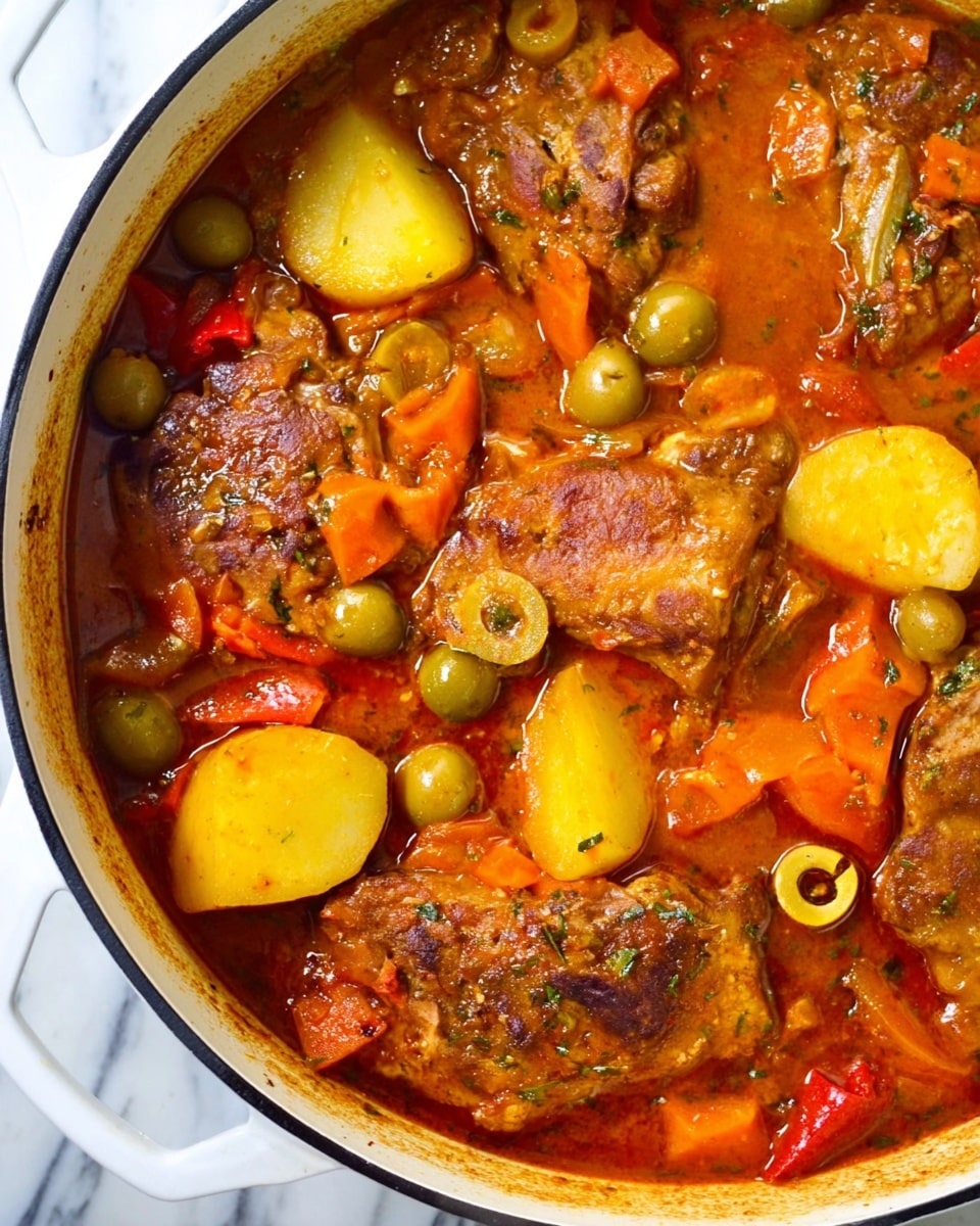 A white pot filled with seven pieces of cooked meat in a rich orange-brown sauce. Visible in the pot are several yellow potato chunks and orange carrot pieces spread evenly around the meat. Small green sliced olives and diced red bell peppers are scattered throughout the sauce, adding color contrast. The sauce looks thick and shiny, coating the ingredients well. The background shows a white marbled surface. Photo taken with an iphone --ar 4:5 --v 7
