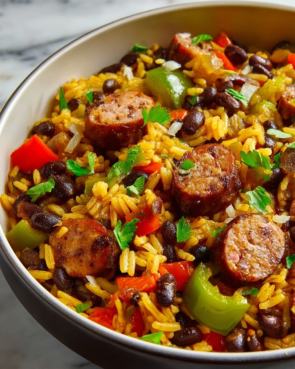 This image shows a close-up of a cooked dish with several layers of ingredients mixed together. The base is a layer of cooked rice, which is light brown from the seasoning. Mixed within the rice are slices of browned sausage that have a slightly crispy texture. Scattered throughout are black beans, which are smooth and oval-shaped. There are also pieces of bell peppers in orange, green, and red colors, cut into small cubes with a soft texture. Small bits of onions, which are slightly translucent, are visible too. The dish is sprinkled with chopped green herbs, adding a fresh and colorful contrast. The whole scene sits on a white marbled surface. Photo taken with an iphone --ar 4:5 --v 7