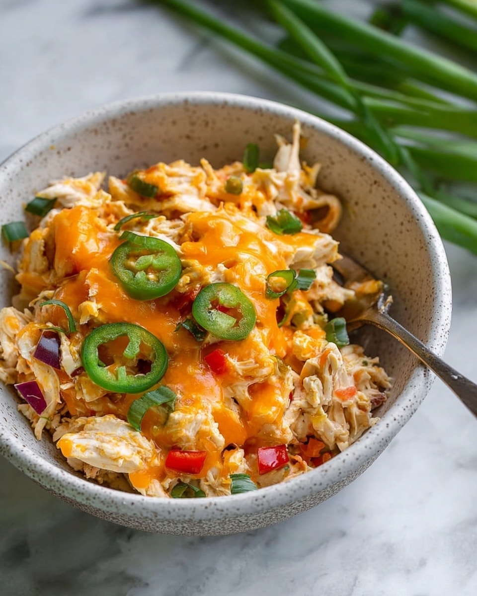 A white speckled bowl filled with shredded chicken as the main layer, mixed with small pieces of red and orange bell peppers and diced onions, topped with melted orange cheese spread unevenly across the surface. Thin slices of green jalapeño peppers and small green onion rounds scatter on top, adding pops of green color. A silver fork rests inside the bowl on the left side, with some chicken pieces and cheese near the fork. The bowl is placed on a white marbled surface, and there are fresh green onion stalks blurred in the background. photo taken with an iphone --ar 4:5 --v 7