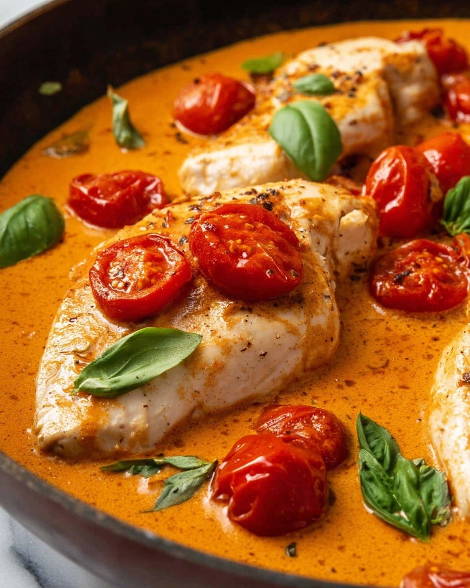 The dish shows three pieces of light-colored cooked chicken layered halfway under a thick, smooth, orange tomato cream sauce. On top of each chicken piece, there are a few bright red roasted cherry tomatoes, some halved and some whole, with shiny, slightly wrinkled skin. Fresh green basil leaves are placed sporadically over the chicken and sauce for a pop of color. All of this sits inside a dark pan, with the background replaced by a white marbled texture. The colors are warm and inviting, with the contrast between the creamy orange, red tomatoes, light chicken, and green basil. Photo taken with an iphone --ar 4:5 --v 7