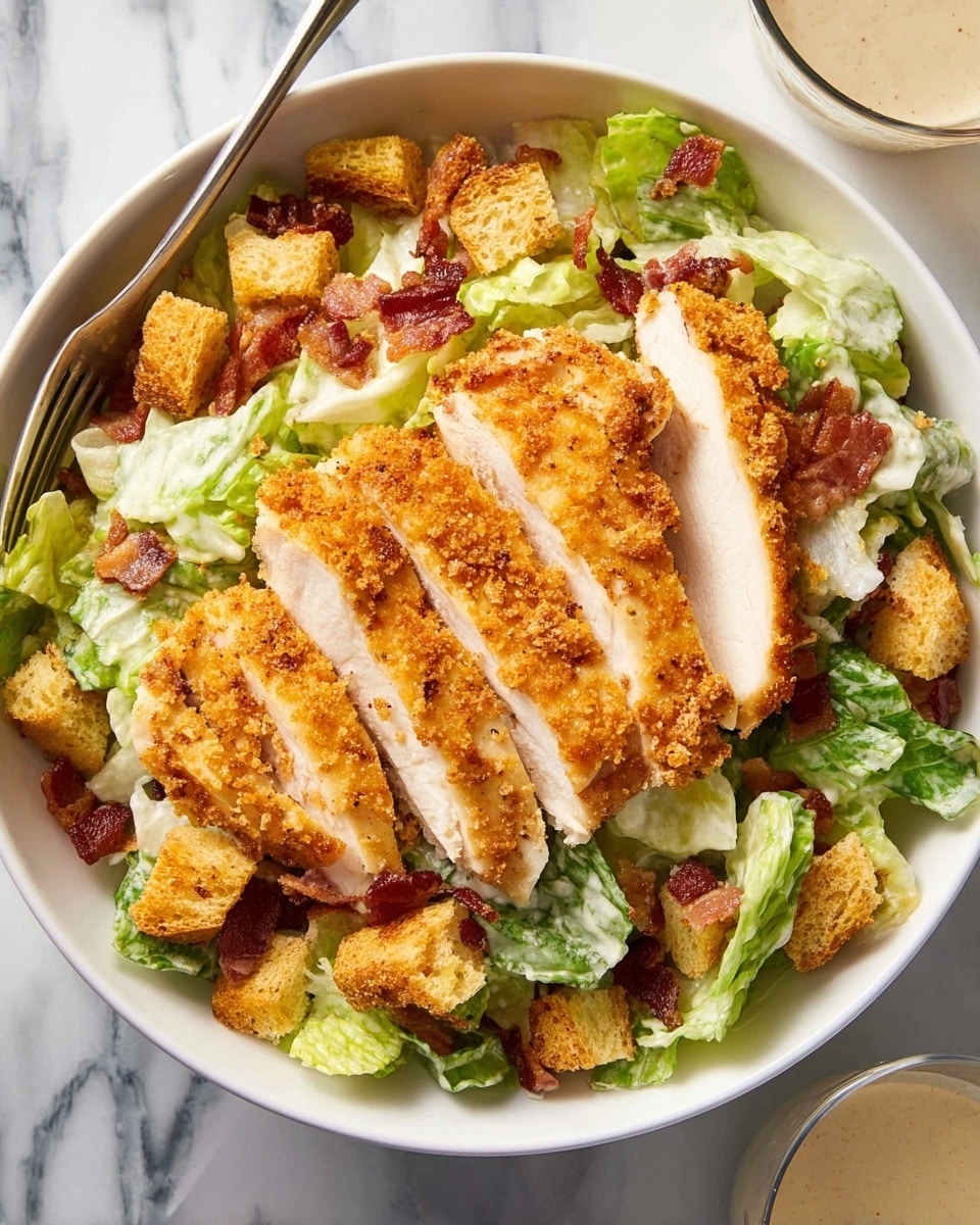 A white bowl holds a salad with three main layers: the bottom layer is fresh green lettuce leaves that look crisp, the middle layer has small pieces of crunchy golden-brown croutons and bits of cooked bacon with a reddish-brown color, and the top layer features several slices of golden-brown breaded chicken arranged neatly side by side showing the white inside of the chicken. A silver fork rests on the edge of the bowl, and the bowl is placed on a white marbled surface. In the bottom right corner, there is a glass with a creamy light-colored dressing. photo taken with an iphone --ar 4:5 --v 7