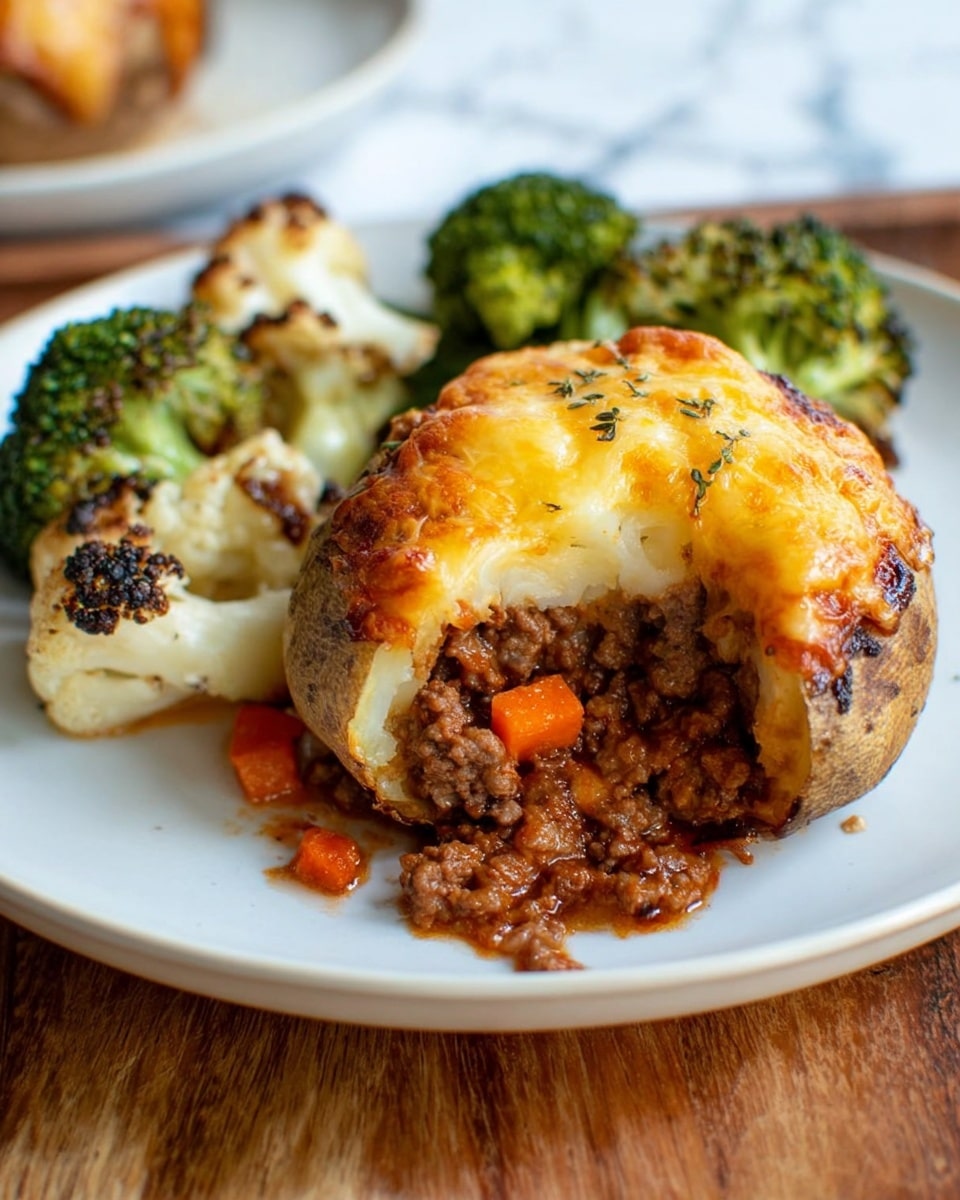 The image shows several stuffed potato halves on a dark cooking tray. Each potato has three layers: the bottom layer is the dark brown potato skin shell, the middle layer is a filling of cooked brown ground meat, and the top layer is a thick, creamy mashed potato topping with a light golden-brown crust that looks slightly crispy. One potato in the center is cut open with a silver fork, revealing the meat filling inside. The colors go from dark brown on the outside, to rich brown in the middle, and creamy light yellow on top. The background texture, though mostly out of focus, is white marble. photo taken with an iphone --ar 4:5 --v 7