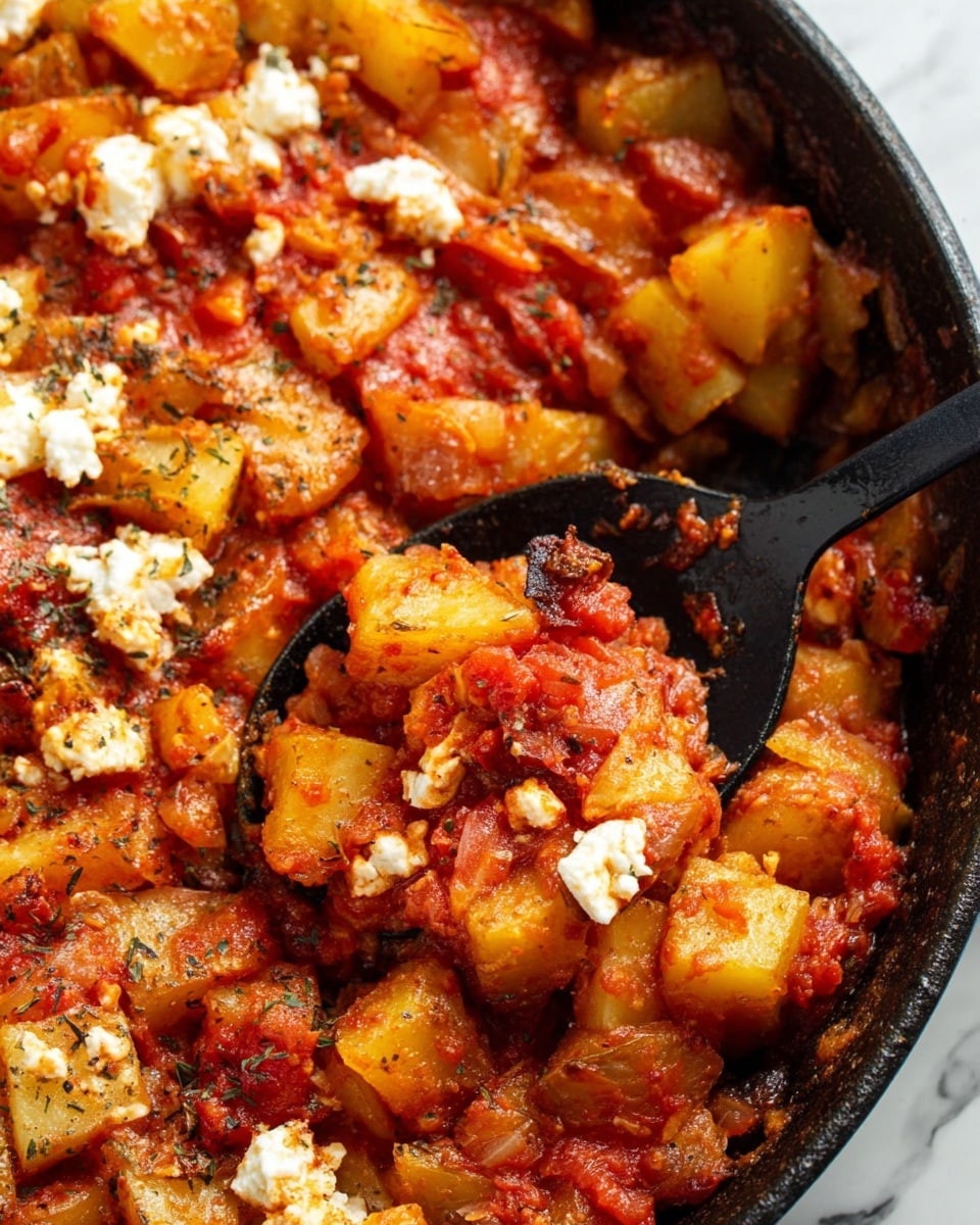 This image shows a close-up of a cooked dish in a black pan with chunky layers of diced yellow potatoes mixed with red tomato sauce and small bits of soft white cheese sprinkled on top. The potatoes have a slightly golden color with some browned edges, and there are visible herbs and spices dotting the surface. The sauce is thick and coats the potatoes, adding a vibrant red color contrast. A black spoon is scooping the dish from the pan, revealing the tender texture of the potatoes and sauce underneath. The background is a white marbled surface photo taken with an iphone --ar 4:5 --v 7