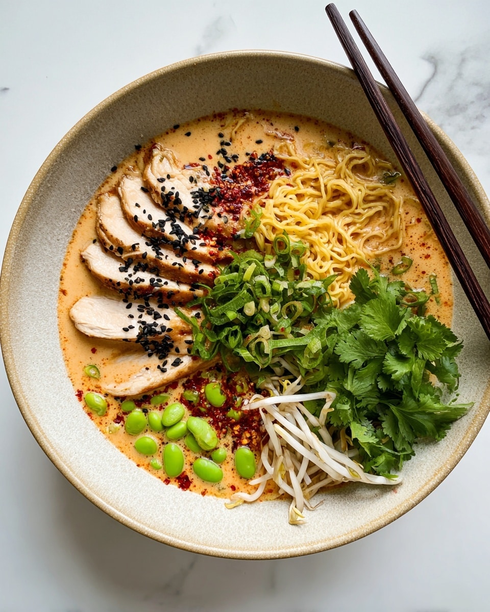 A bowl with a creamy orange broth fills the base, topped with several layers: sliced white chicken pieces with slightly crispy edges arranged on the left, a central nest of light beige noodles sprinkled with dark crispy bits and black sesame seeds, fresh bright green edamame beans clustered at the lower right, a pile of fresh green cilantro leaves on the upper right, bean sprouts beside the cilantro at the top right, and sliced green onions in the lower left. The bowl is white, and a pair of wooden chopsticks rests on its edge above the toppings. The dish is set on a white marbled surface. Photo taken with an iphone --ar 4:5 --v 7