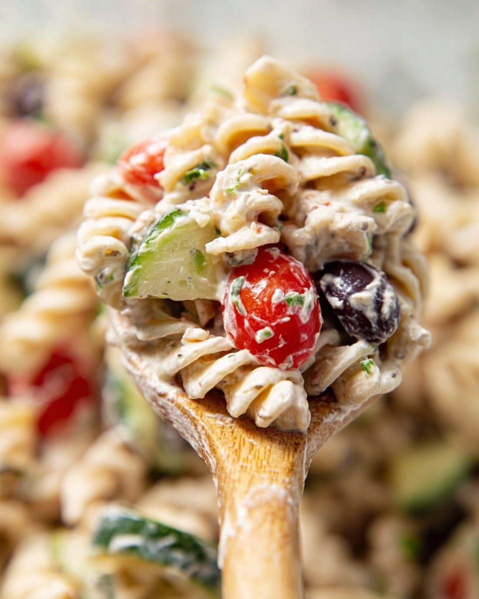 A close-up of a wooden spoon holding a creamy pasta salad with visible spiral pasta, halved red cherry tomatoes, sliced black olives, and thin green cucumber strips, all mixed and coated in a white creamy dressing with small green herb flecks. The background shows more of the same pasta salad with a soft focus on the white marbled texture. photo taken with an iphone --ar 4:5 --v 7