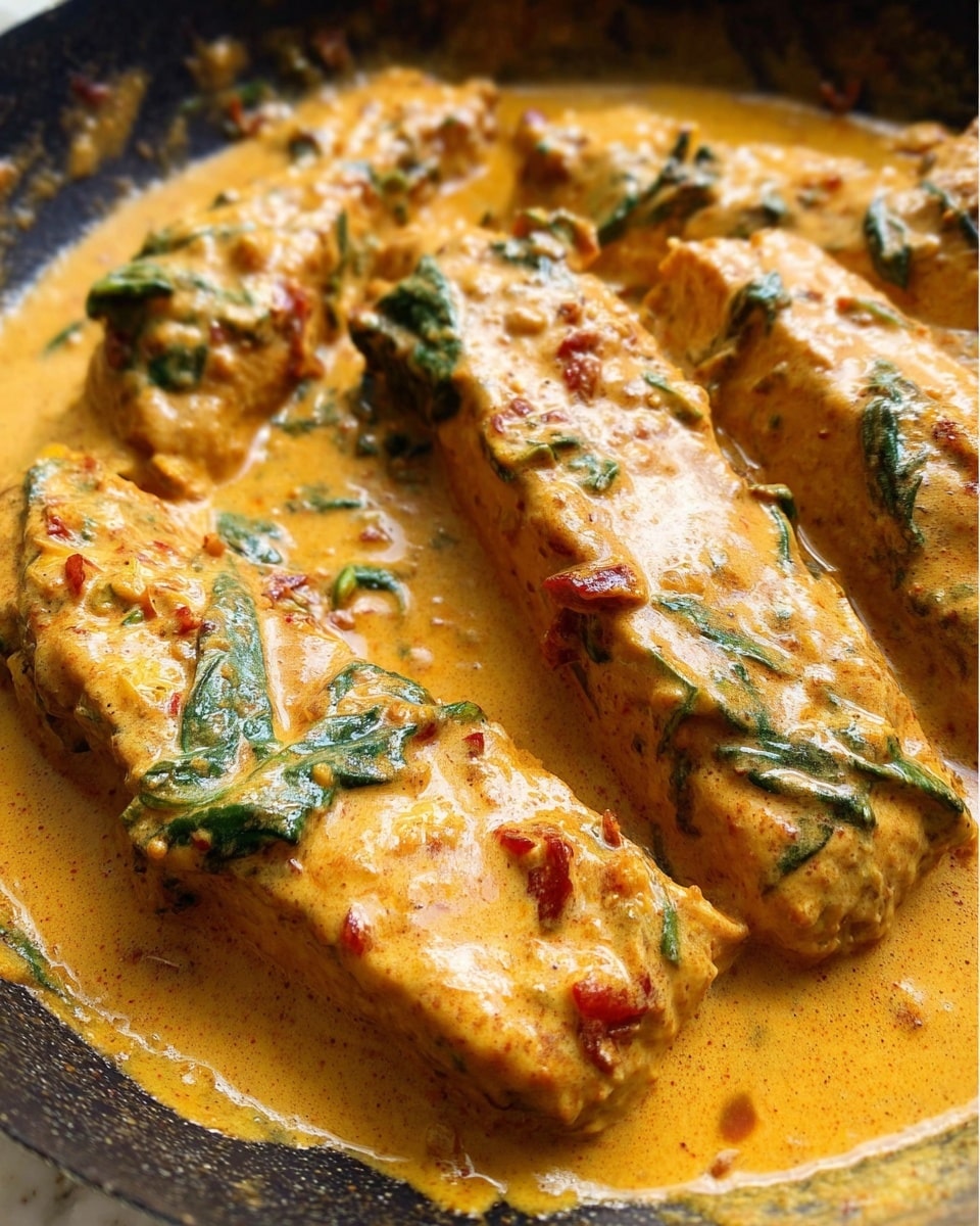 The image shows several long pieces of food fully covered in a thick, creamy light orange sauce with visible small red bits and green leafy pieces mixed in. The pieces are placed close together in a dark pan with the sauce evenly spread all around them, creating a rich, smooth texture that looks warm and soft. The background is a white marbled texture. photo taken with an iphone --ar 4:5 --v 7