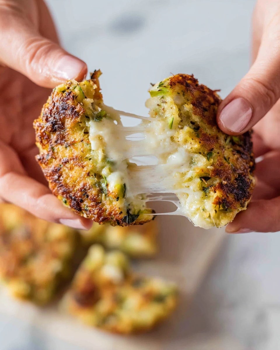 A close-up image shows two pieces of a round food item being pulled apart by a woman's hands, revealing stretchy, melted white cheese inside. The outer layer appears golden brown and crispy with green herbs or vegetables mixed in, giving it a textured, bumpy look. The background is a soft white marbled texture with out-of-focus pieces of the same food, suggesting more served below. Photo taken with an iphone --ar 4:5 --v 7