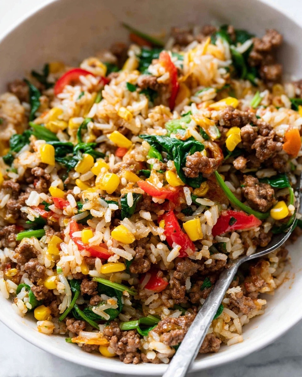 The image shows a white bowl filled with a colorful mix of cooked rice, small pieces of brown ground meat, bright green spinach leaves, yellow corn kernels, and small red bell pepper chunks. The ingredients are mixed together, each layer blending but still visible, with the green spinach mostly on the sides and the red peppers and yellow corn spread throughout. A silver spoon rests inside the bowl, partially buried in the food, and a second similar bowl can be seen blurred in the background on a white marbled surface. The setting is bright and natural. photo taken with an iphone --ar 4:5 --v 7