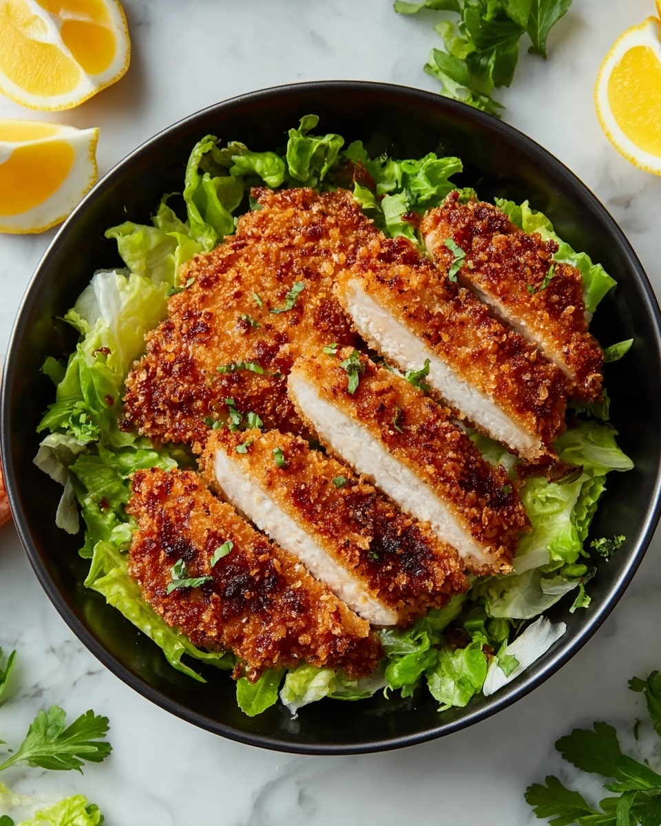 The dish shows a black bowl filled with fresh green lettuce leaves as the bottom layer, providing a crisp base. On top, there are four pieces of golden brown fried chicken with a crunchy, textured coating. The chicken pieces are arranged closely together, some of them sliced to reveal the white inside meat. The bowl sits on a white marbled surface, and parts of sliced lemons and scattered leafy herbs are visible around the bowl. photo taken with an iphone --ar 4:5 --v 7