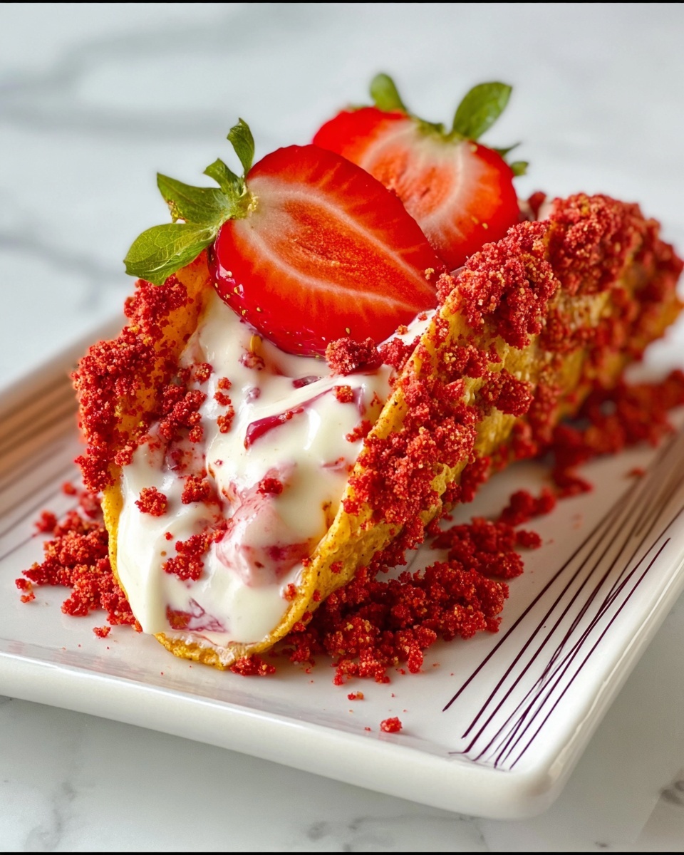This image shows a dessert taco on a white rectangular plate with a simple line pattern. The taco shell is golden brown and crunchy, covered thickly with red crumbles that give a rough texture all around. Inside, there is a layer of white creamy filling with small red fruit pieces mixed in. The taco is topped with two fresh, bright red strawberry halves with green leaves on top. The plate rests on a white marbled surface. photo taken with an iphone --ar 4:5 --v 7
