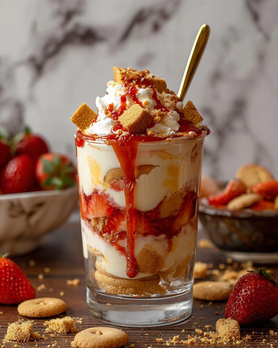 The dessert is served in a clear glass with a short stem, showing multiple layers. At the bottom, there is a layer of round light brown cookies. Above it, there is a thick creamy beige layer mixed with swirls of red strawberry sauce. Next comes a layer of whole light brown cookies arranged vertically touching the glass walls. Above that is a thick layer of white cream, topped with more red strawberry sauce dripping down the sides. The top layer is a generous mound of whipped cream sprinkled with crushed light brown cookies and drizzled strawberry sauce. The glass stands on a wooden surface scattered with cookie crumbs, with a white marbled background. Photo taken with an iphone --ar 4:5 --v 7