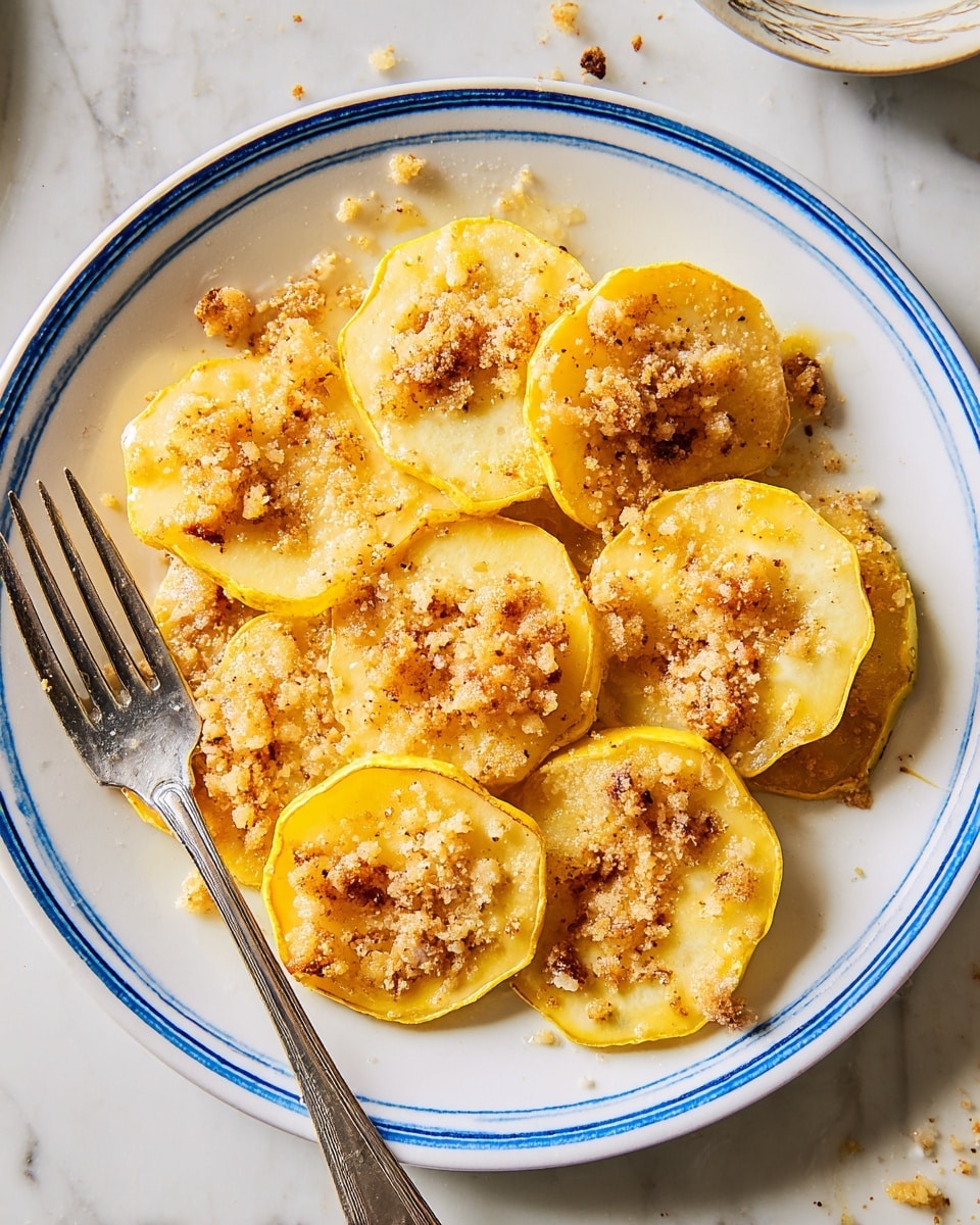 A white plate with a blue rim holds several round slices of yellow squash, each topped with a crumbly, light brown topping that looks crispy and slightly golden. The squash slices are layered in a small pile with some overlapping, and the topping bits vary in size, scattered unevenly across the pieces. A silver fork rests on the left side of the plate. The plate is set on a white marbled surface with a few small crumbs around it. photo taken with an iphone --ar 4:5 --v 7
