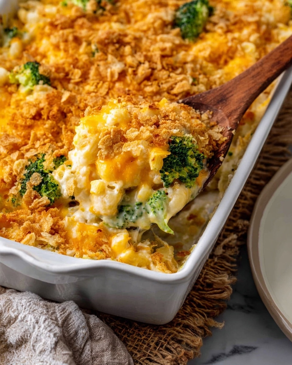 A deep beige baking dish filled with a creamy broccoli and cheese casserole, showing a crispy, golden-brown crumb topping scattered unevenly on top. Beneath the crumb layer is melted yellow cheddar cheese mixed with small, bright green broccoli florets. The creamy white sauce is visible, binding the broccoli and cheese together. A wooden spoon is scooping out a portion, revealing a mix of cheese, broccoli, and the creamy sauce with some crunchy topping. In the background, there is a white plate with a similar casserole serving on a white marbled surface. photo taken with an iphone --ar 4:5 --v 7