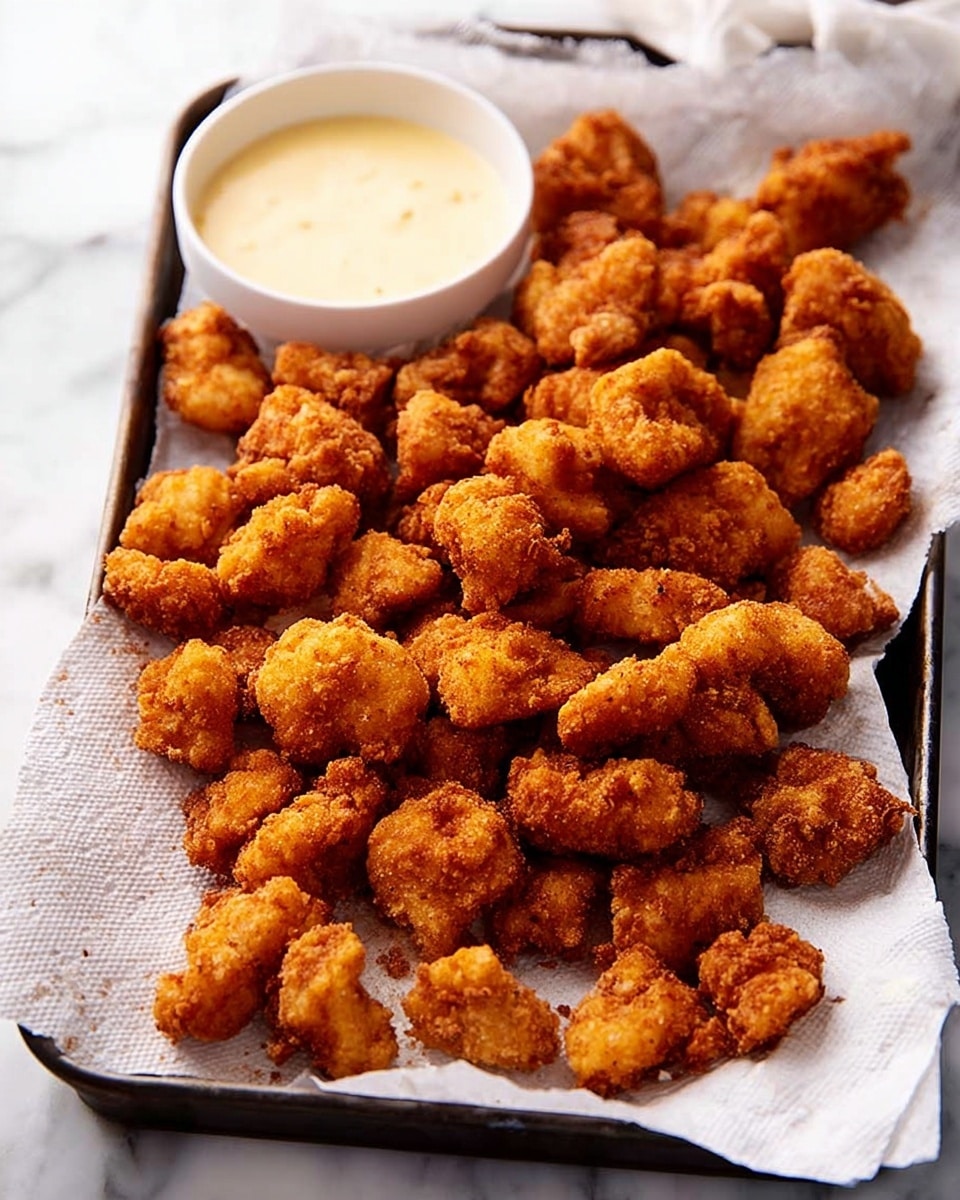 A large pile of small, golden-brown fried popcorn chicken pieces with a crispy texture covers most of a white plate lined with a white paper towel, with a small white bowl filled with creamy light yellow dipping sauce placed on the side near the top left corner, all set on a white marbled surface photo taken with an iphone --ar 4:5 --v 7