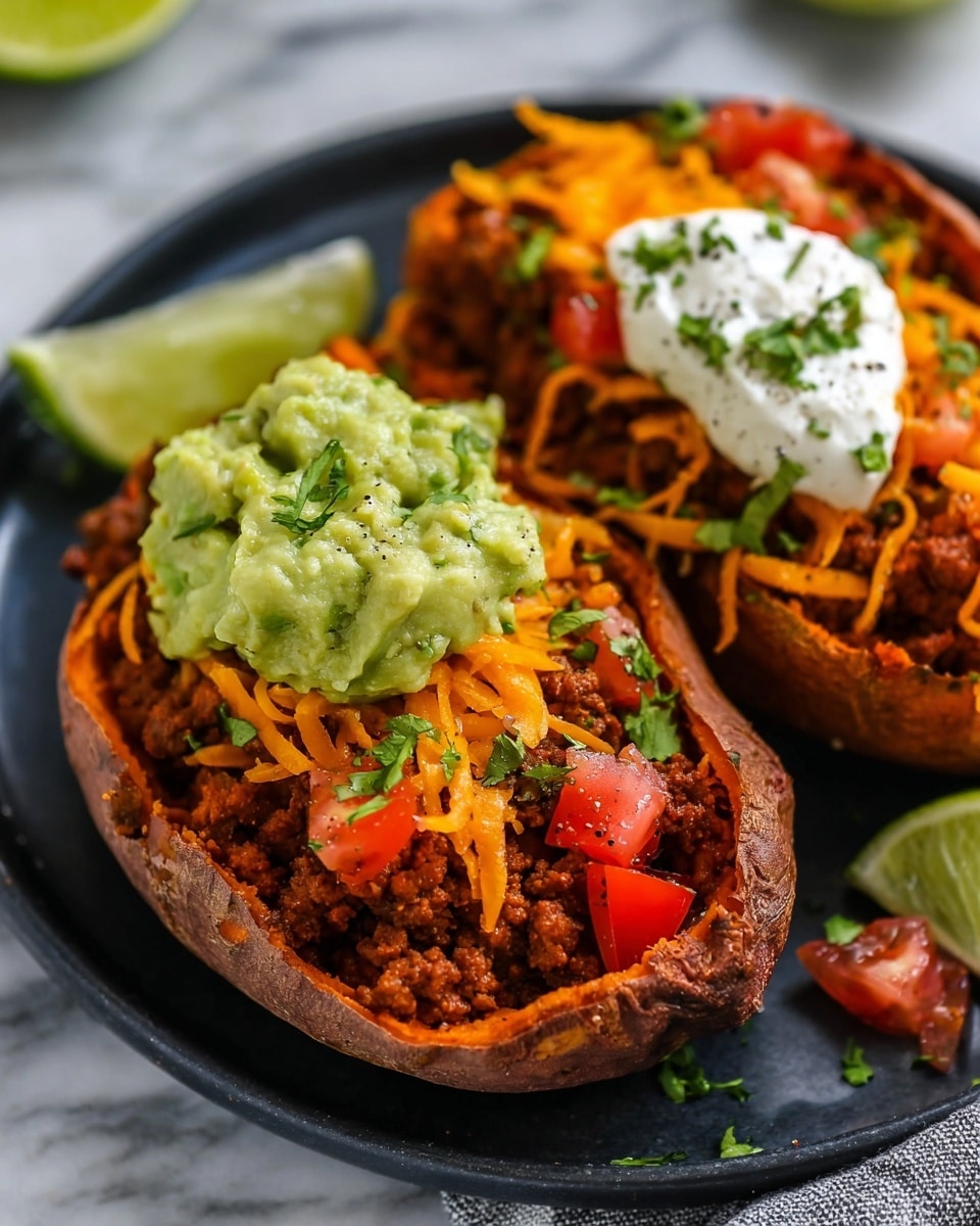 Two stuffed sweet potato halves rest on a black plate over a white marbled surface. Each sweet potato has a slightly crispy, dark orange skin and soft orange flesh inside. The first layer inside is a mix of brown cooked ground meat with small bits of red tomato. On top of this, there are bright orange shredded cheddar cheese pieces spread unevenly. A large spoonful of light green guacamole sits on one side, sprinkled with small bits of fresh green herbs. Next to the guacamole is a dollop of white sour cream with a few black pepper specks. Small chopped tomatoes and fresh green herbs are scattered over the meat and cheese, adding pops of red and green color. At the back, a wedge of lime rests beside the potatoes. Photo taken with an iphone --ar 4:5 --v 7