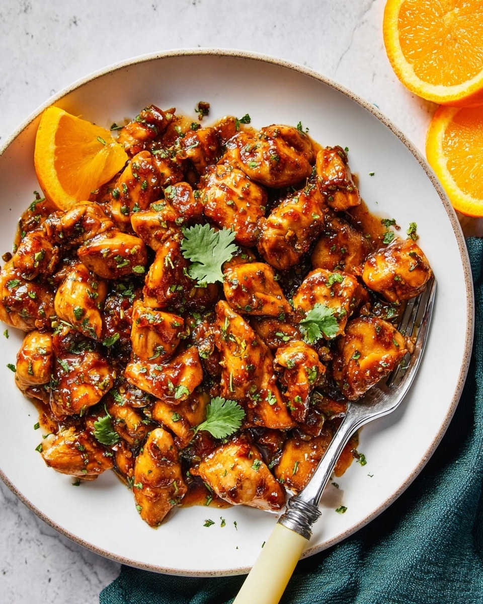 The image shows a white plate full of small, glossy pieces of cooked chicken that are deep brown with herbs sprinkled all over, giving a fresh green contrast. On top, there are two triangular orange slices arranged at the edge of the chicken pile. A few fresh cilantro leaves lay on the chicken adding green touches. A white-handled fork rests on the right side of the plate, slightly touching the food. In the background, the surface is white with a marble texture, and pieces of orange and green cilantro leaves are scattered around. Photo taken with an iphone --ar 4:5 --v 7