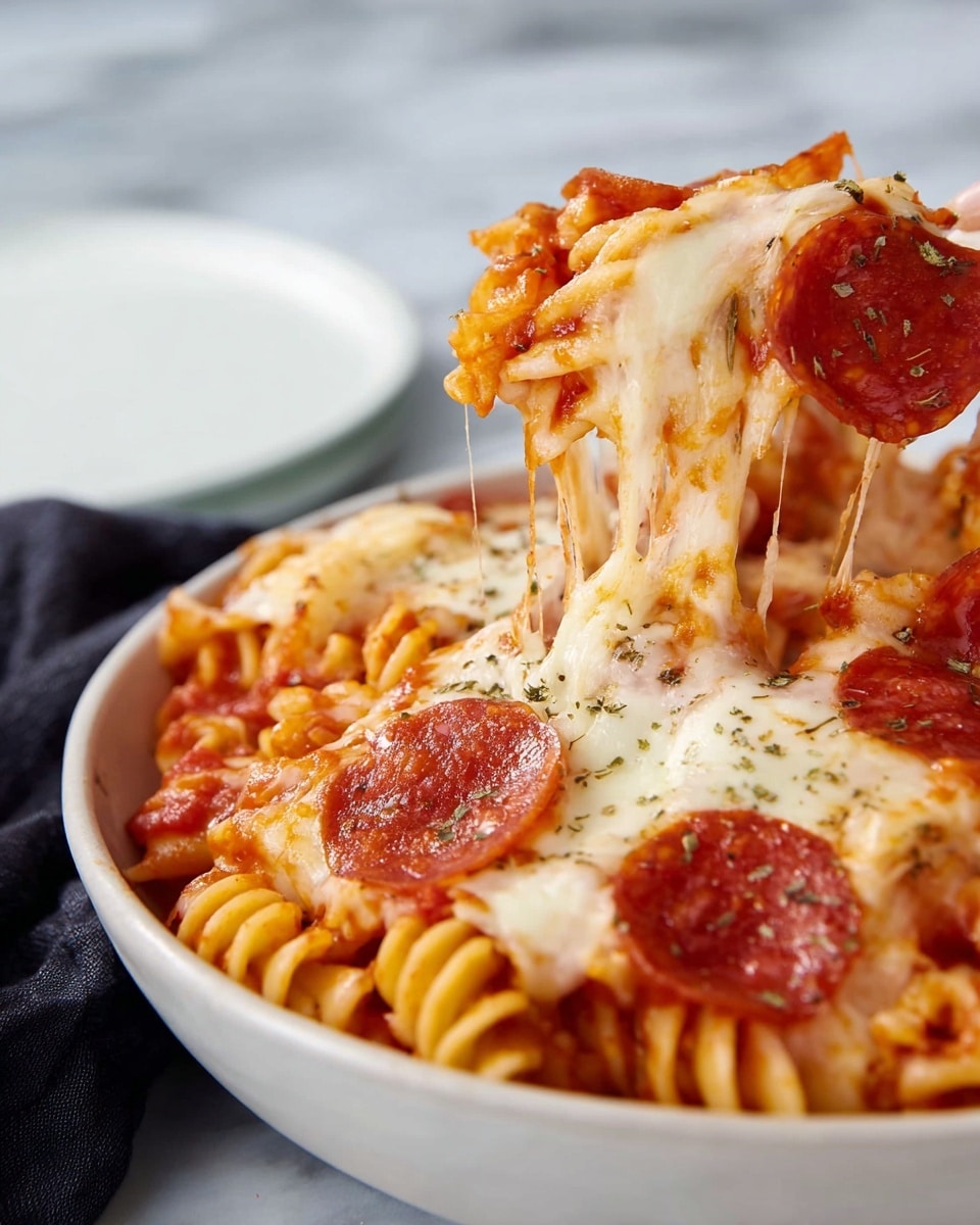 The image shows a close-up of a white bowl filled with spiral pasta covered in melted mozzarella cheese. The pasta is mixed with a bright red tomato sauce, and on top are several round slices of pepperoni with a slightly shiny texture. The cheese stretches in long strands as a woman's hand lifts a serving out of the bowl. There are small bits of dried herbs sprinkled on top of the cheese and pepperoni. The bowl is set on a white marbled surface with a blurred white plate and a dark cloth in the background. photo taken with an iphone --ar 4:5 --v 7