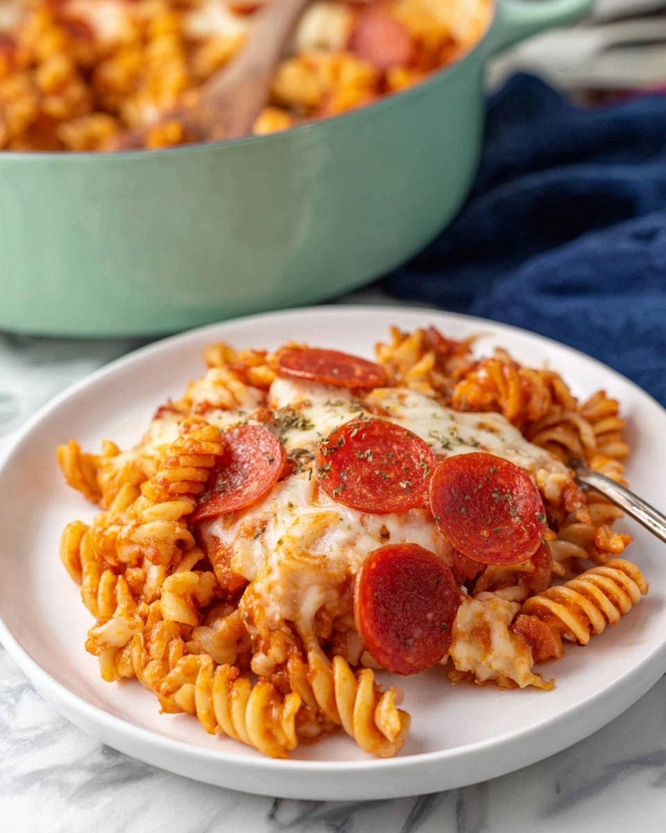 A white plate holds a serving of rotini pasta mixed with melted cheese and tomato sauce, topped with several slices of red pepperoni sprinkled with herbs. The pasta has a slightly glossy texture from the sauce and the melted cheese adds a creamy layer throughout. In the background, there is a large light green pot placed on a navy blue cloth, slightly out of focus, with another portion of pasta on a white plate just behind the main dish. All items are set on a white marbled surface. photo taken with an iphone --ar 4:5 --v 7