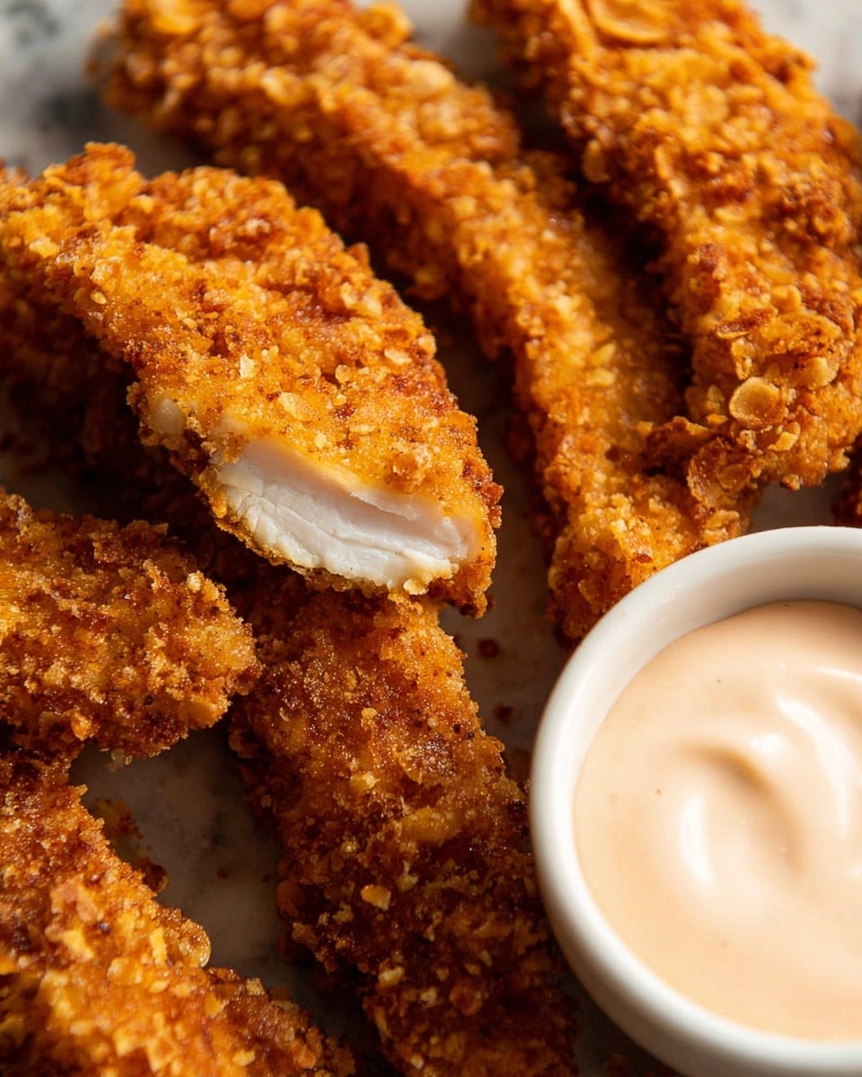 A close-up view of several golden brown crispy fried strips arranged closely together, showing a rough and crunchy texture on the outside. One strip is broken open to reveal a smooth, white, fibrous inside layer of tender meat. Next to the strips is a small white bowl filled with creamy, pale pink dipping sauce. The background is a white marbled texture. photo taken with an iphone --ar 4:5 --v 7