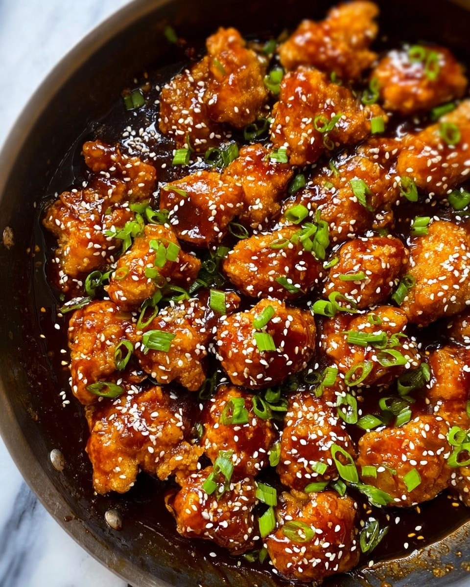 A pan full of golden brown fried chicken pieces covered in a thick glossy dark brown sauce with white sesame seeds sprinkled all over, and small bright green sliced scallions spread evenly on top, the chicken pieces have a crispy texture and are close together in the pan resting on a white marbled surface, photo taken with an iphone --ar 4:5 --v 7