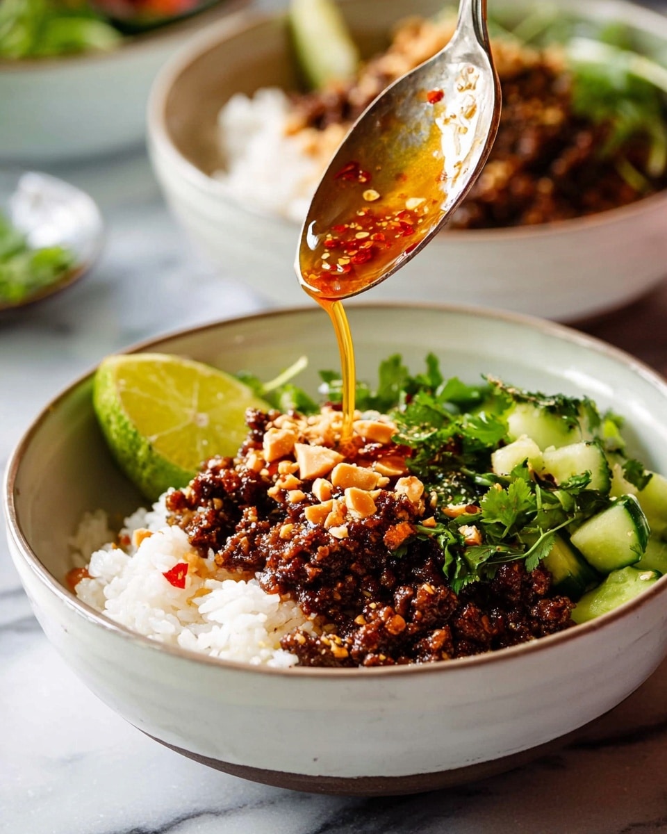 A white bowl filled with layers starting with a bed of white rice at the bottom, topped with a dark brown minced meat mixture sprinkled with crushed peanuts. On one side of the bowl, there is a bright green lime wedge and on the other side, a fresh green herb garnish with chopped cucumber pieces. Above the meat, a spoon is pouring a shiny, amber-colored sauce with visible chili flakes, adding a glossy texture to the top. The bowl sits on a white marbled surface with a blurred background showing another similar bowl. Photo taken with an iphone --ar 4:5 --v 7