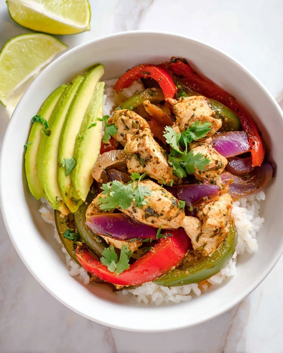The dish is served in a white bowl placed on a white marbled surface, with lime wedges on the side. The first layer is white rice that fills the bottom of the bowl. On top, there are pieces of cooked chicken, light brown with herb and spice specks. Mixed with the chicken are slices of green and red bell peppers and purple onions, all cooked and glossy. To the left side inside the bowl, there are thin slices of fresh avocado, pale green and smooth. Bright green cilantro leaves are scattered on top as garnish. The overall look is colorful with a mix of soft and slightly crisp textures. photo taken with an iphone --ar 4:5 --v 7