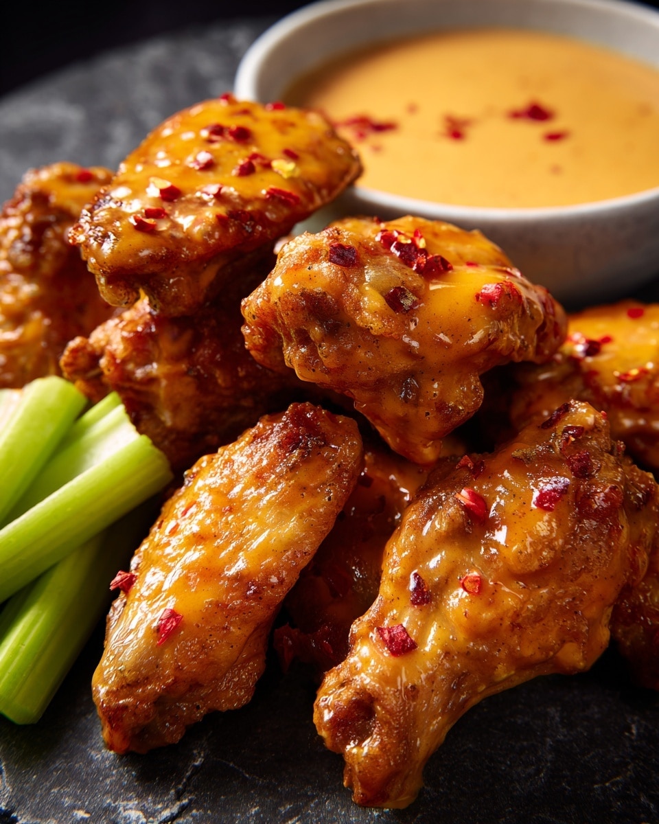 The image shows a close-up of about six chicken wings covered in a shiny, sticky orange sauce, sprinkled with red chili flakes. They are arranged on a dark surface with a few green celery sticks on the side. In the top right corner, there is a white bowl filled with a creamy orange dipping sauce. The wings look juicy and well coated, with the sauce dripping slightly in some areas. The background is a white marbled texture. Photo taken with an iphone --ar 4:5 --v 7