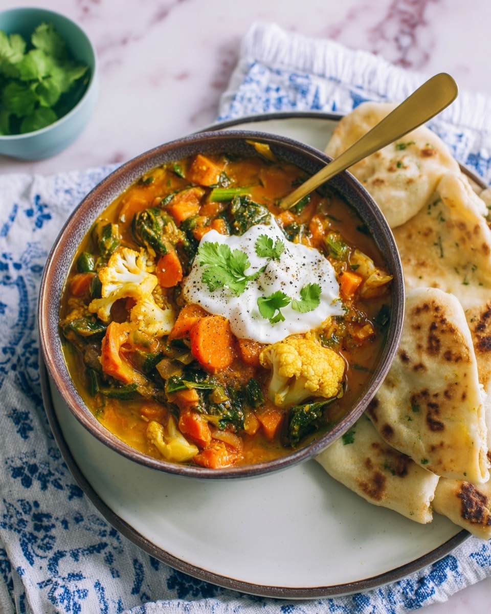 A bowl with two layers, the inner layer is white with a thin dark rim, filled with a thick vegetable curry stew that has chunks of orange carrots, green beans, orange cauliflower, and pieces of light yellow chicken in a rich orange sauce. On top of the stew is a dollop of white cream garnished with fresh green cilantro leaves. A golden spoon is placed inside the bowl resting on the right side. The bowl sits on a white plate stacked on top of a larger turquoise plate with a dark rim. Next to the bowl on the turquoise plate are two pieces of toasted flatbread with a golden-brown charred pattern. The setting is on a white marbled surface with a white and blue patterned cloth partially visible on the right side. Photo taken with an iphone --ar 4:5 --v 7